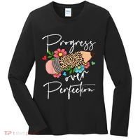 Progress Over Perfection Leopard Pencil Motivational Teacher Women's Long Sleeve Shirt thumb 0