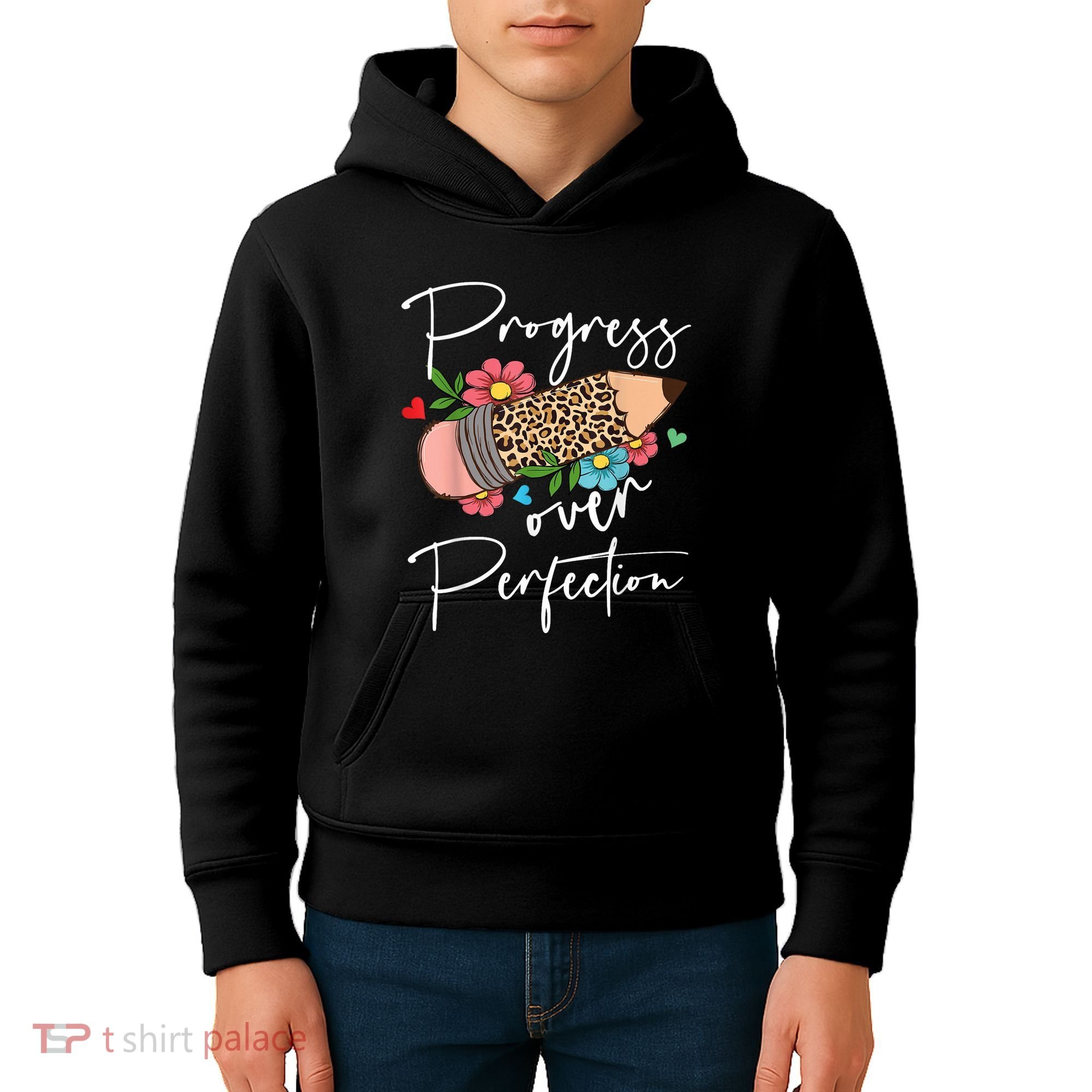 Progress Over Perfection Leopard Pencil Motivational Teacher Kids Hoodie