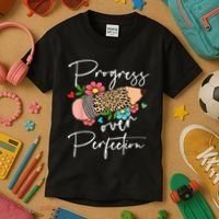 Progress Over Perfection Leopard Pencil Motivational Teacher Kids T-Shirt thumb 3