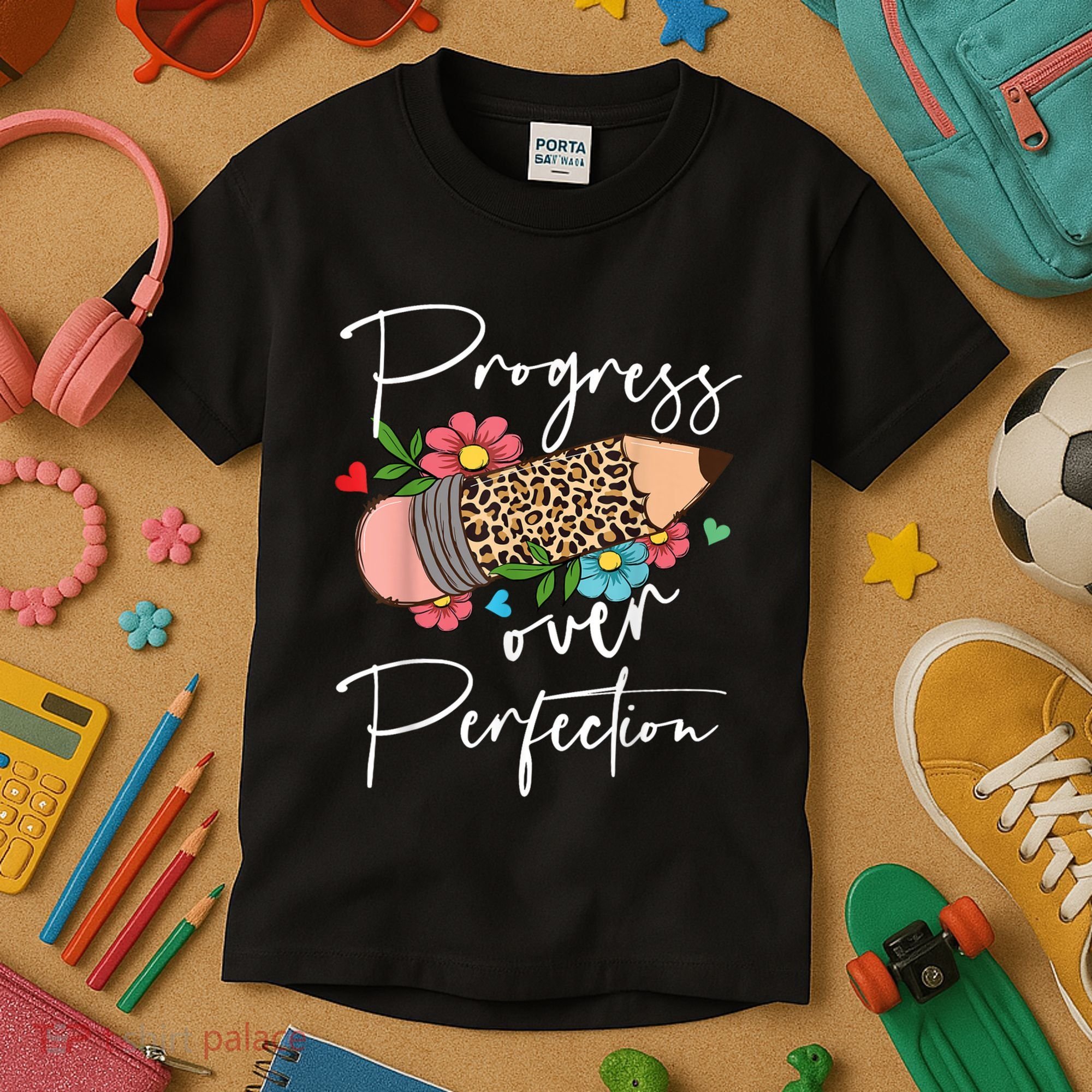 Progress Over Perfection Leopard Pencil Motivational Teacher Kids T-Shirt