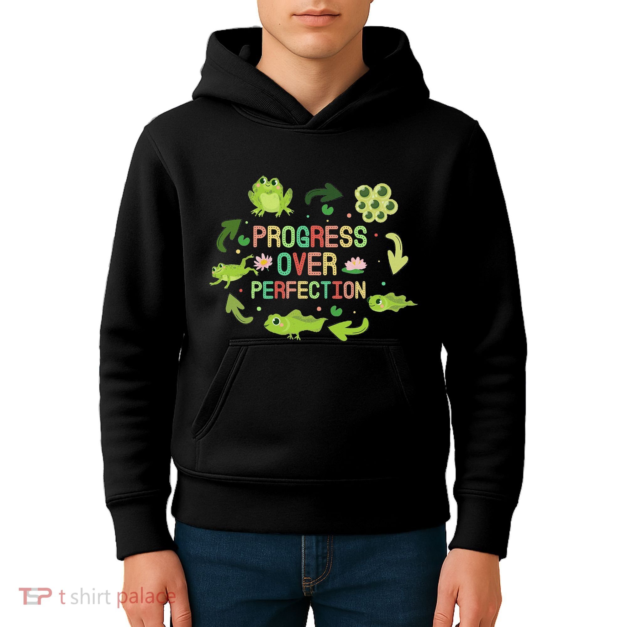 Progress Over Perfection Frog Back To School Teacher Kids Hoodie