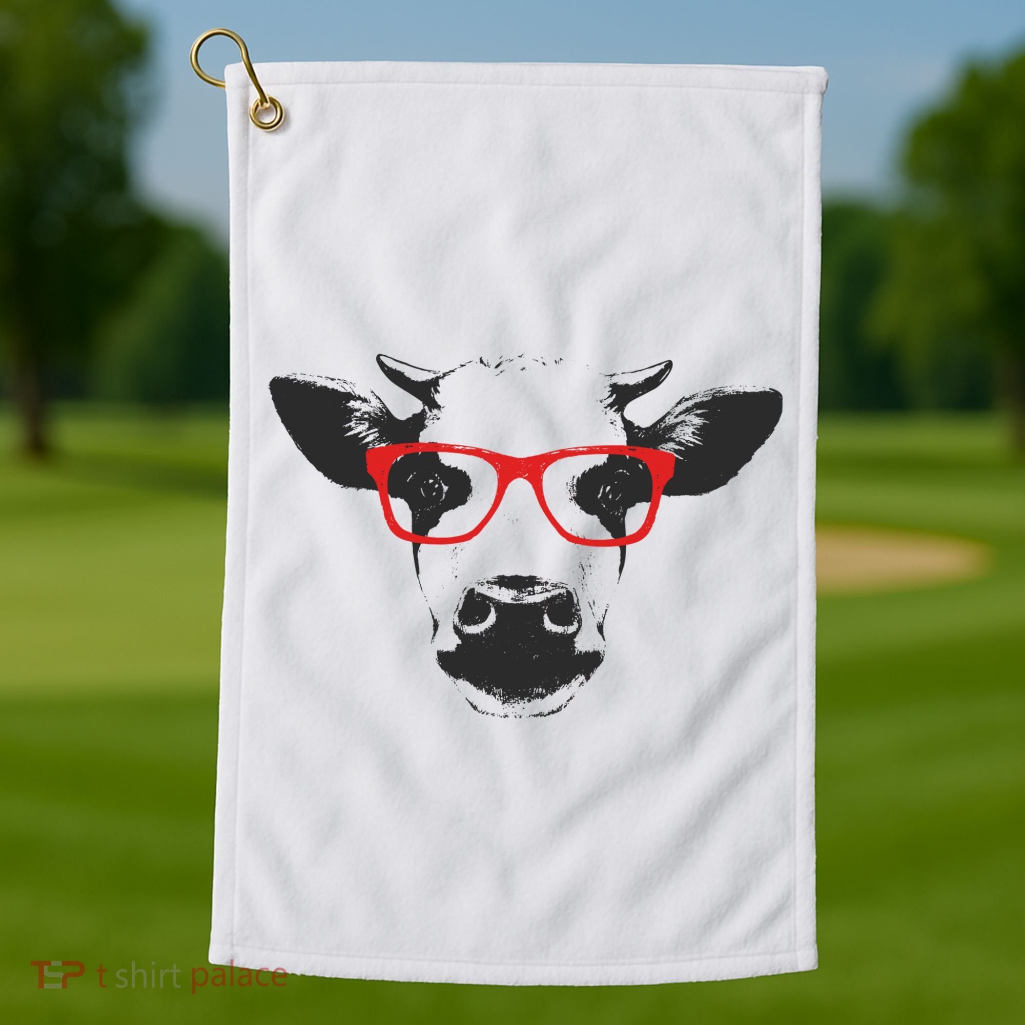 Portrait of Cow with glasses Golf Towel