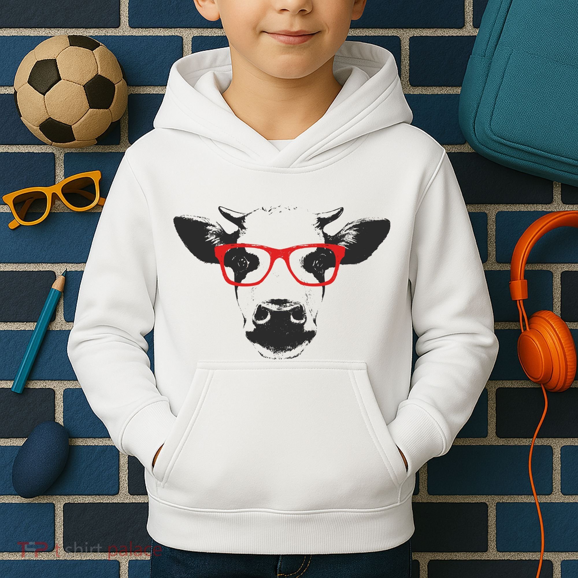 Portrait of Cow with glasses Kids Hoodie