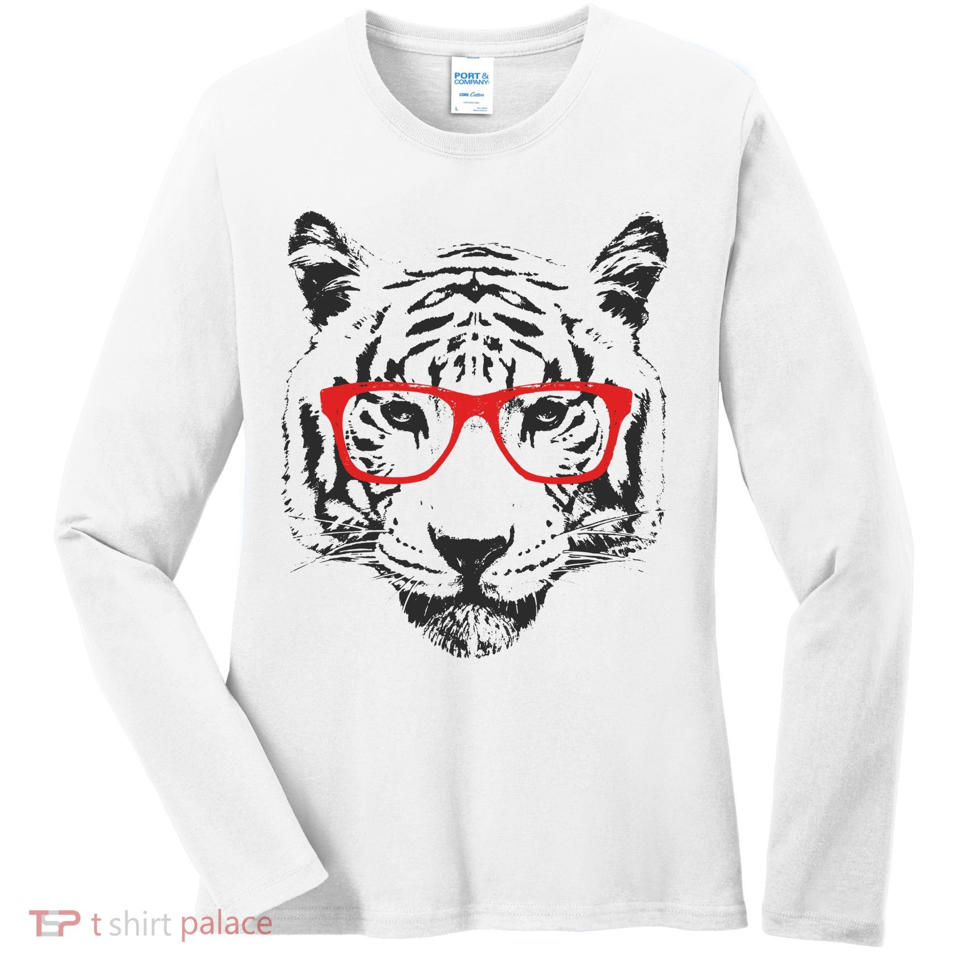 Portrait of Tiger With Glasses Women's Long Sleeve Shirt