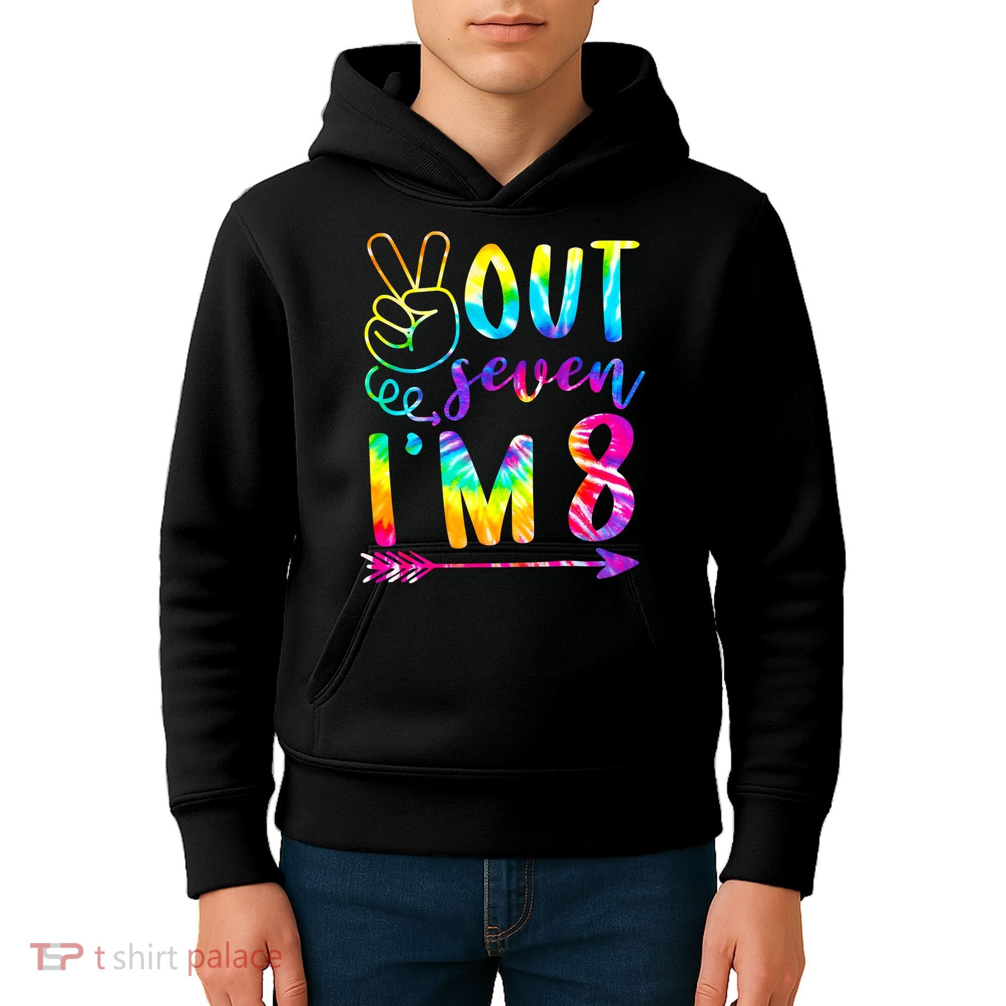 Peace Out Seven I'm 8 Tie Dye 8th Happy Birthday Girl Kids Hoodie