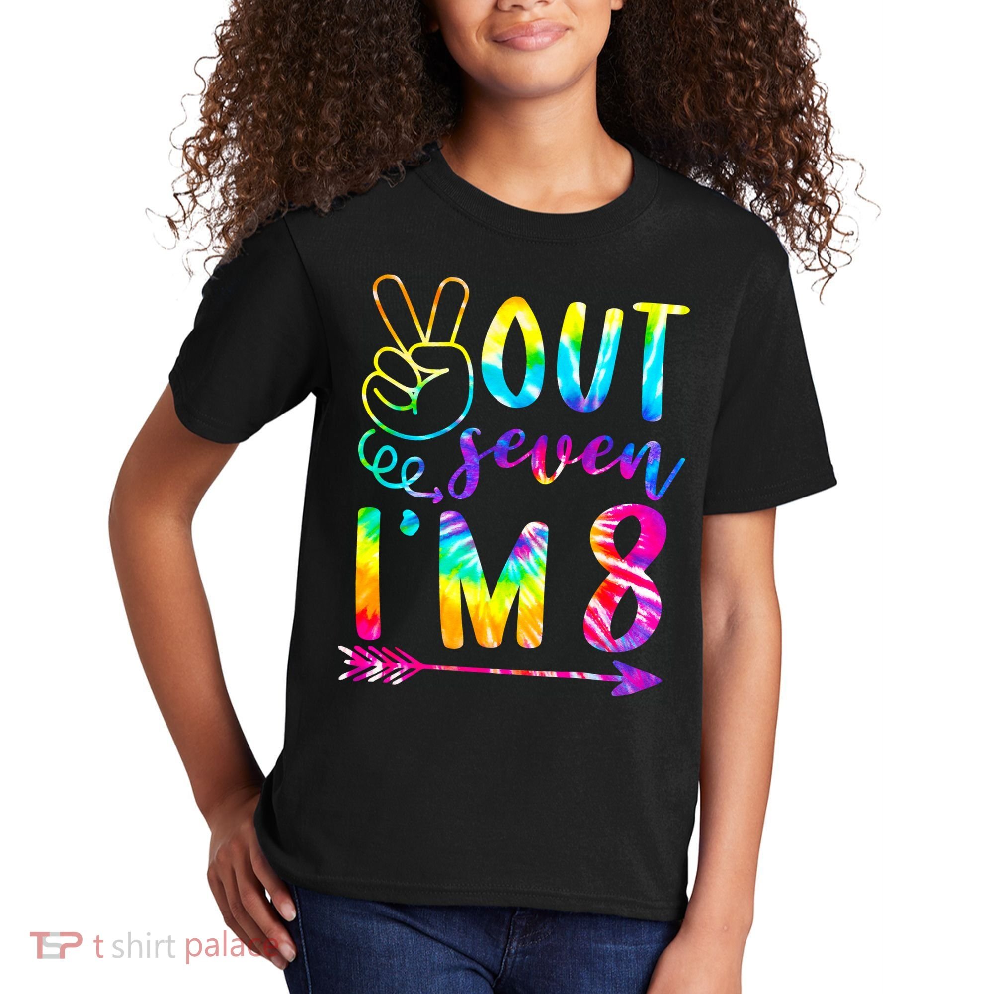 Peace Out Seven I'm 8 Tie Dye 8th Happy Birthday Girl Kids T-Shirt