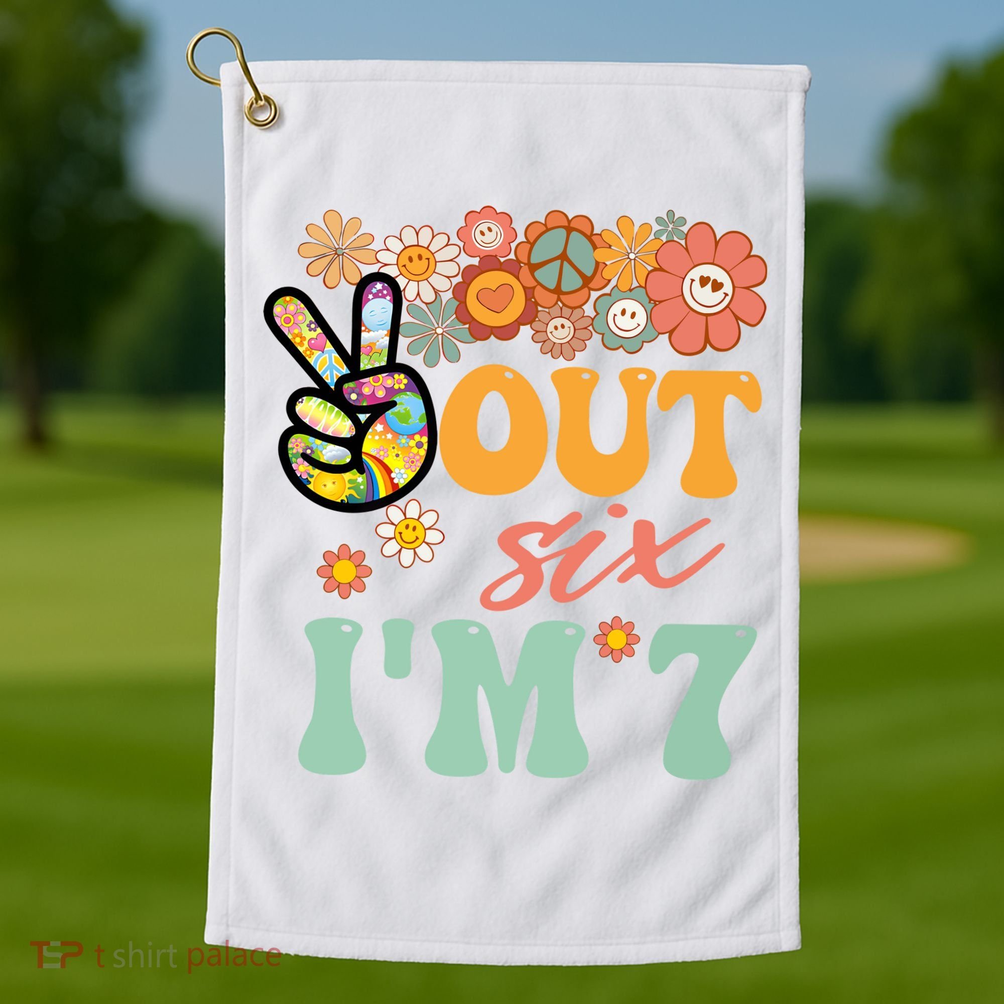 Peace Out Six I'm 7 Groovy 7th Happy Birthday Boy Girl Golf Towel