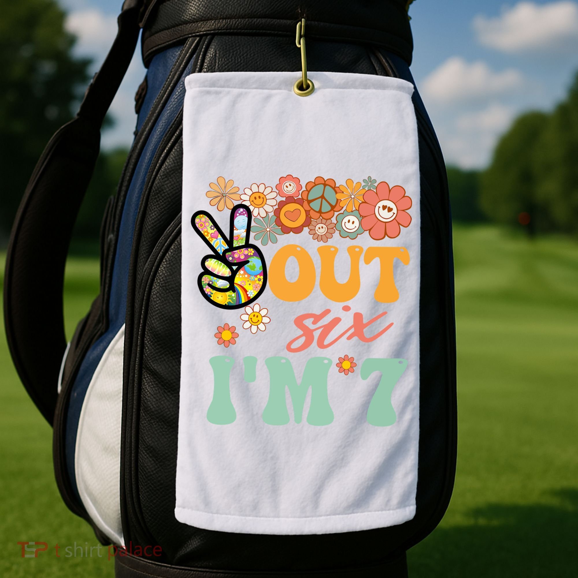Peace Out Six I'm 7 Groovy 7th Happy Birthday Boy Girl Golf Towel