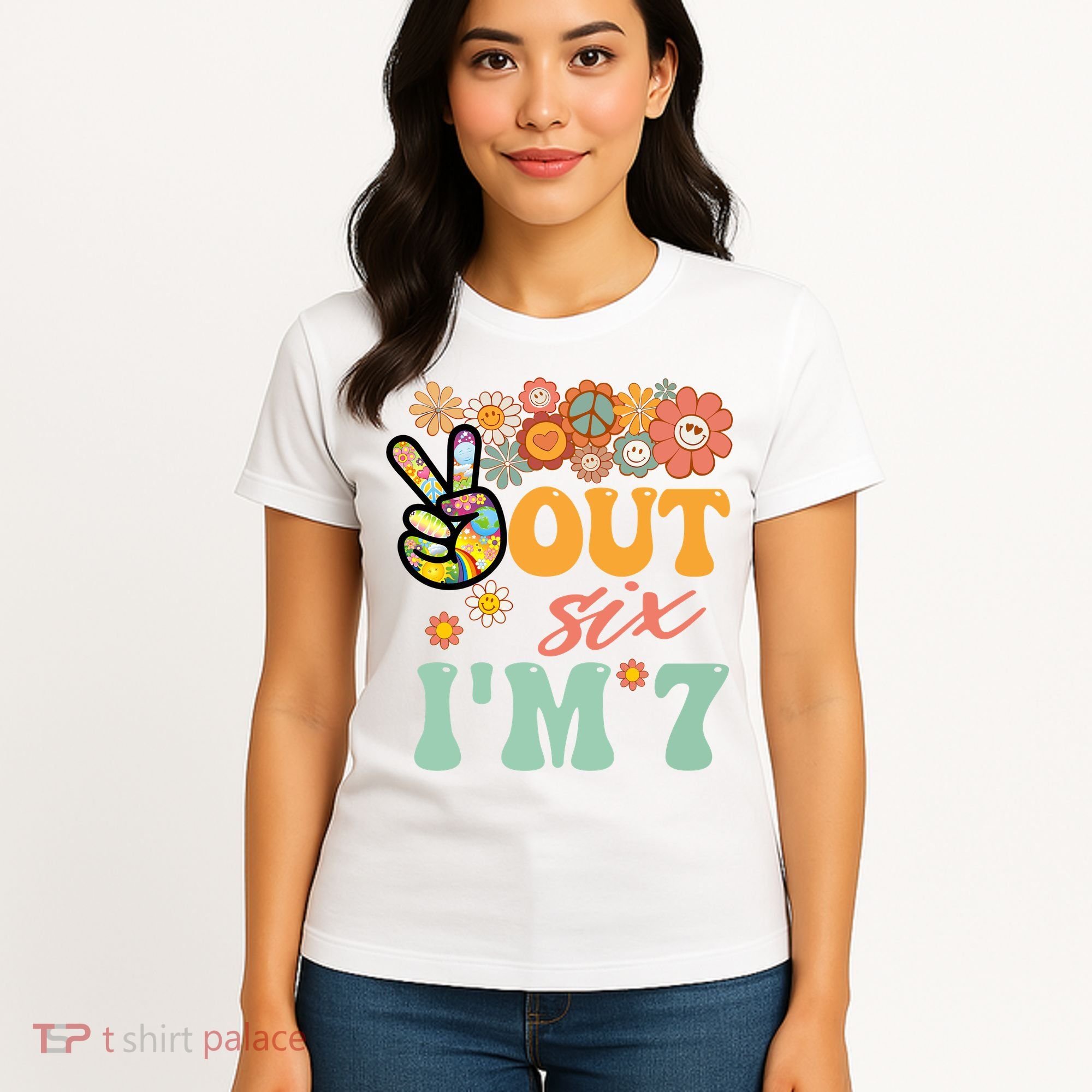 Peace Out Six I'm 7 Groovy 7th Happy Birthday Boy Girl Women's T-Shirt