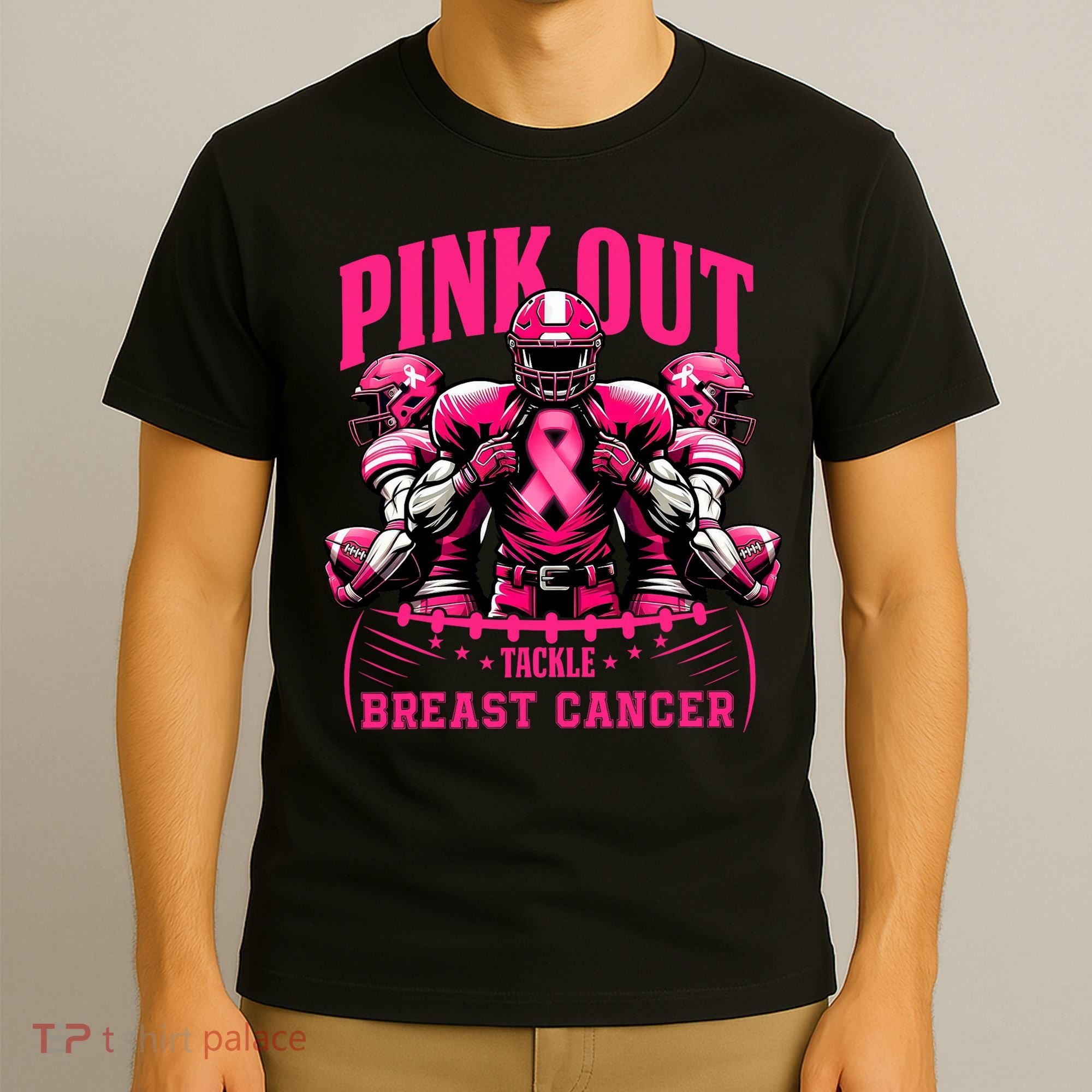Pink Out Tackle Breast Cancer Awareness Football Pink Ribbon T-Shirt
