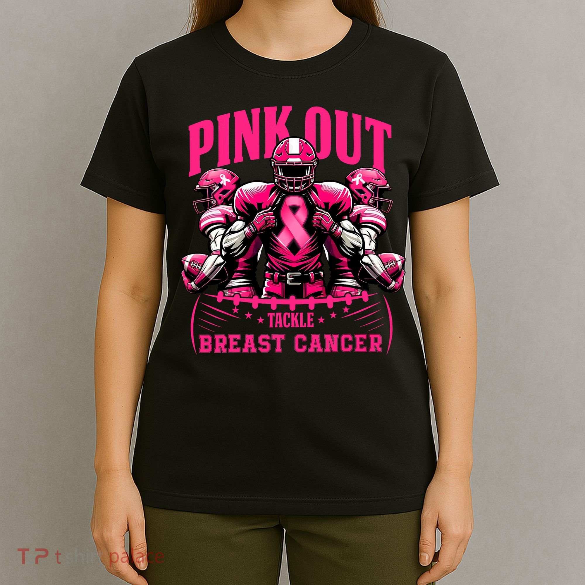 Pink Out Tackle Breast Cancer Awareness Football Pink Ribbon T-Shirt