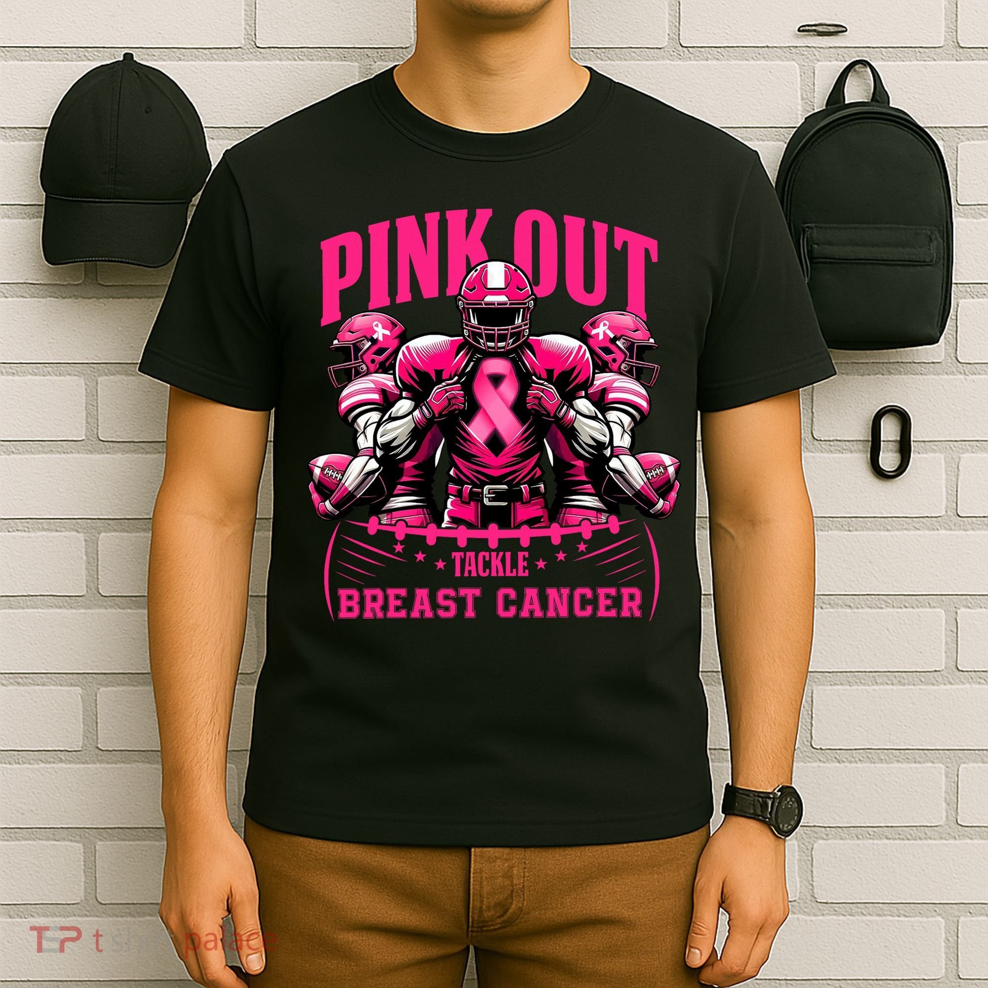Pink Out Tackle Breast Cancer Awareness Football Pink Ribbon T-Shirt