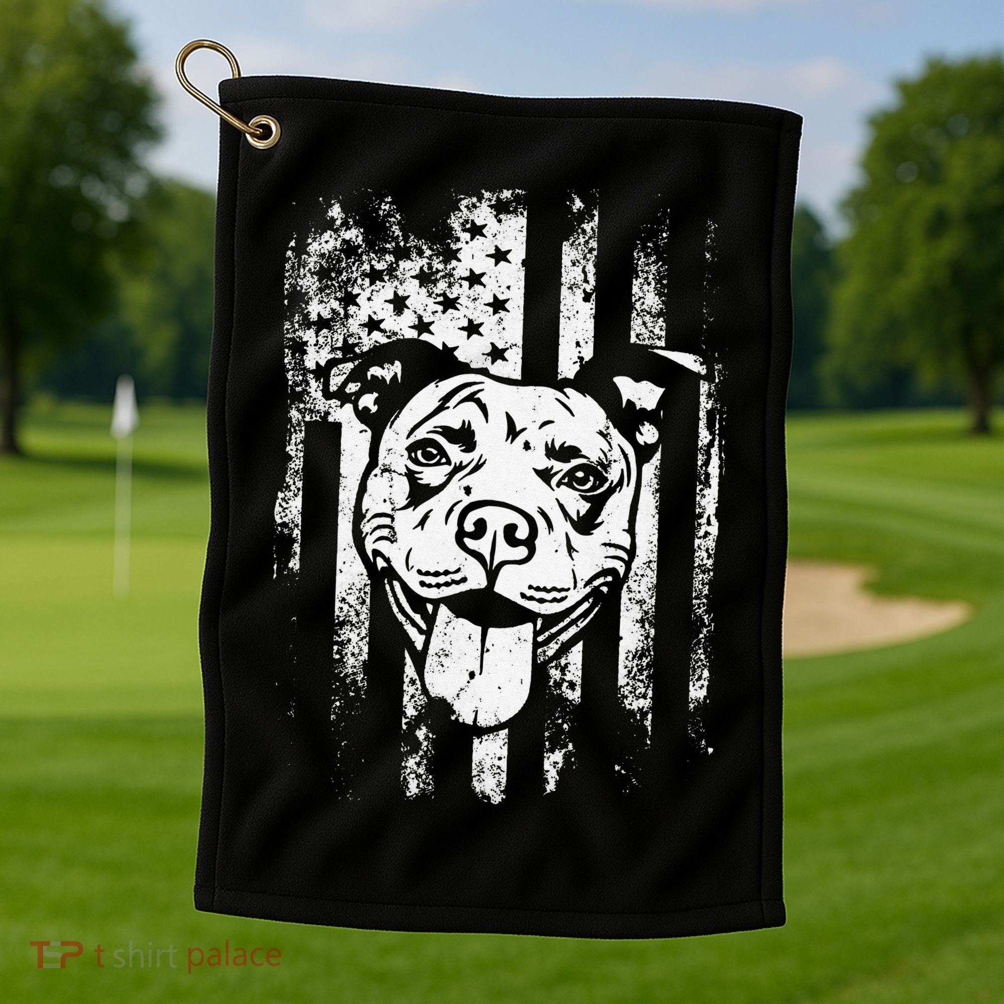 Patriotic Pitbull American Flag Dog Lover Golf Towel