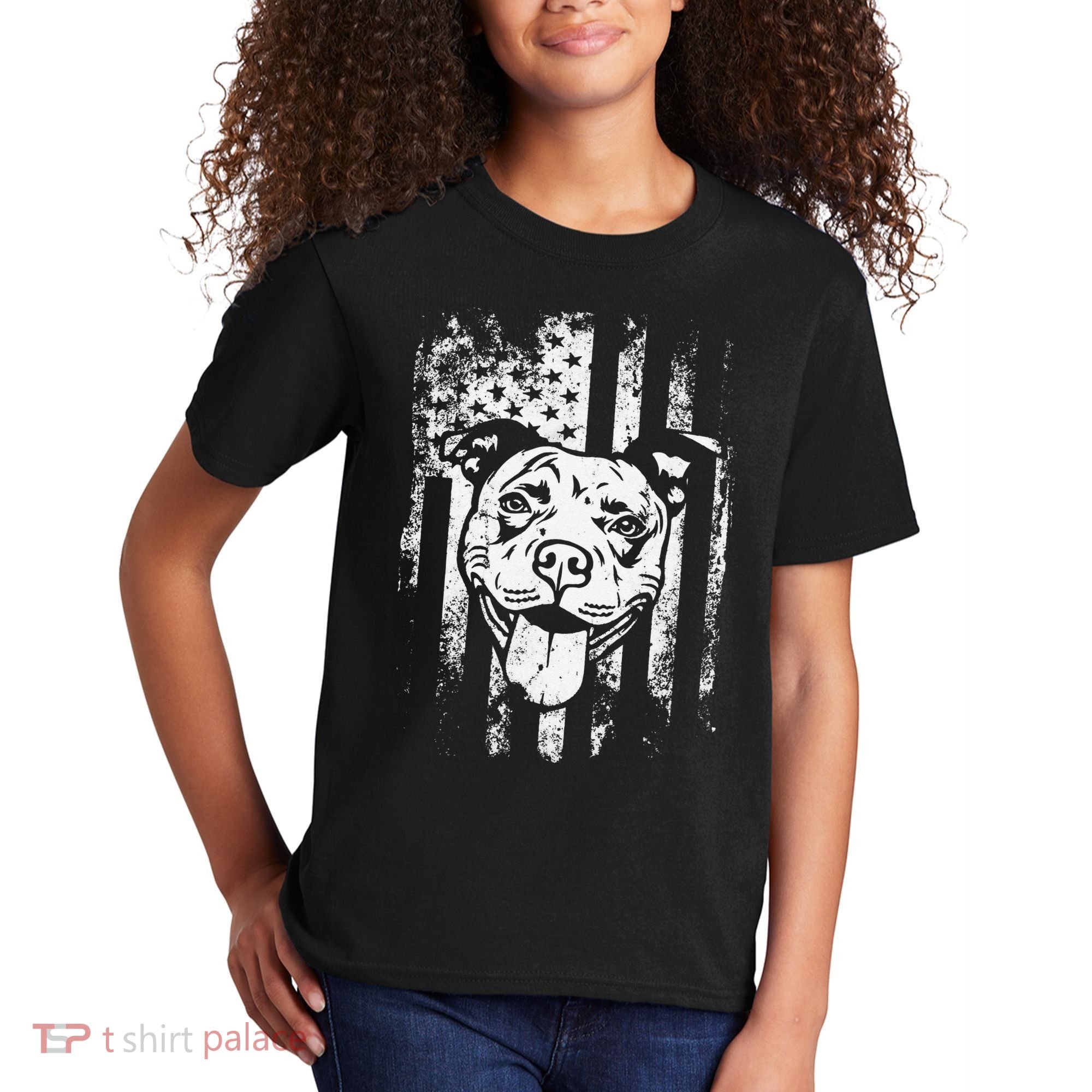 Patriotic Pitbull American Flag Dog Lover Kids T-Shirt