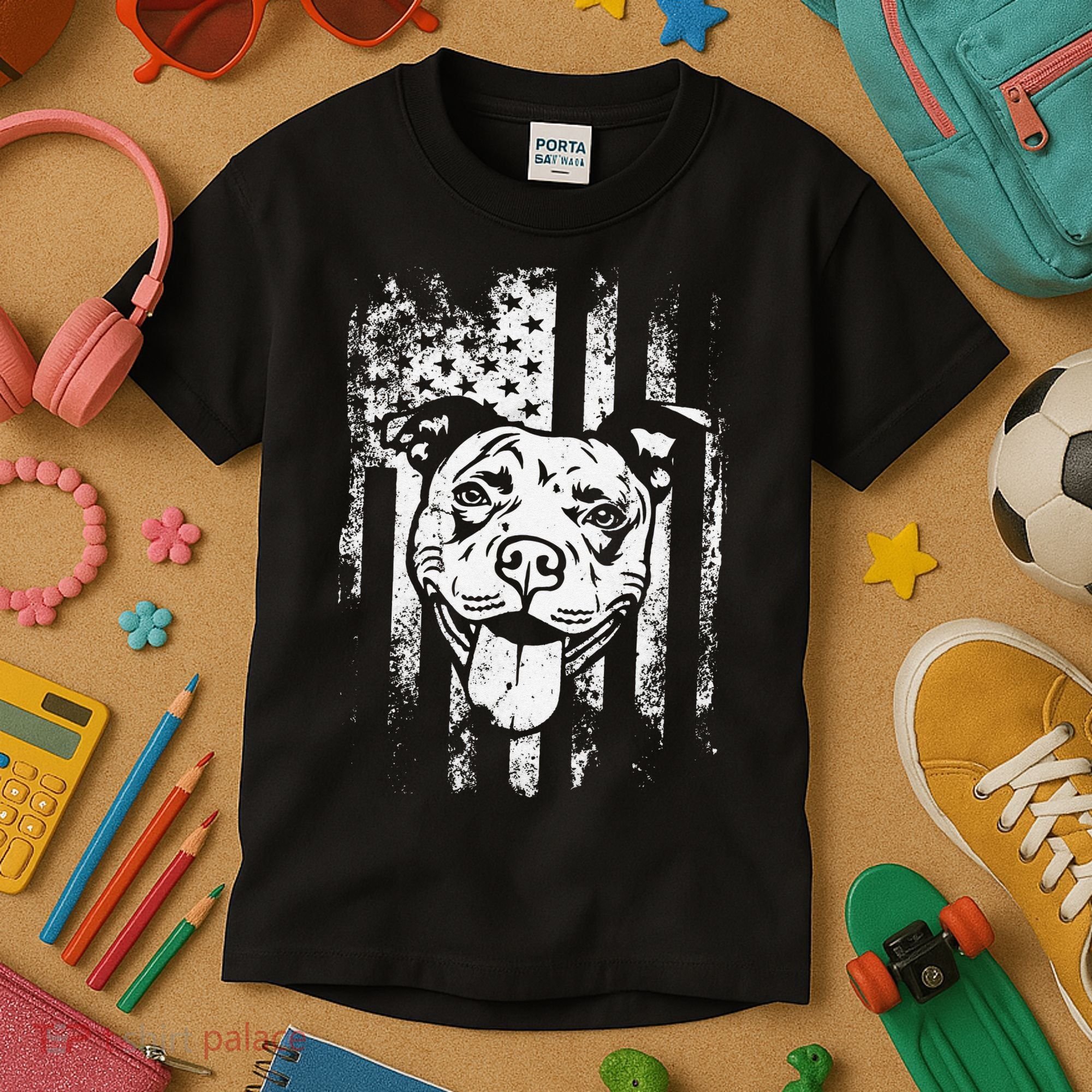 Patriotic Pitbull American Flag Dog Lover Kids T-Shirt