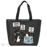 Penguins Protest Against Tariffs Funny Penguin Tariff Tote Bag thumb 0
