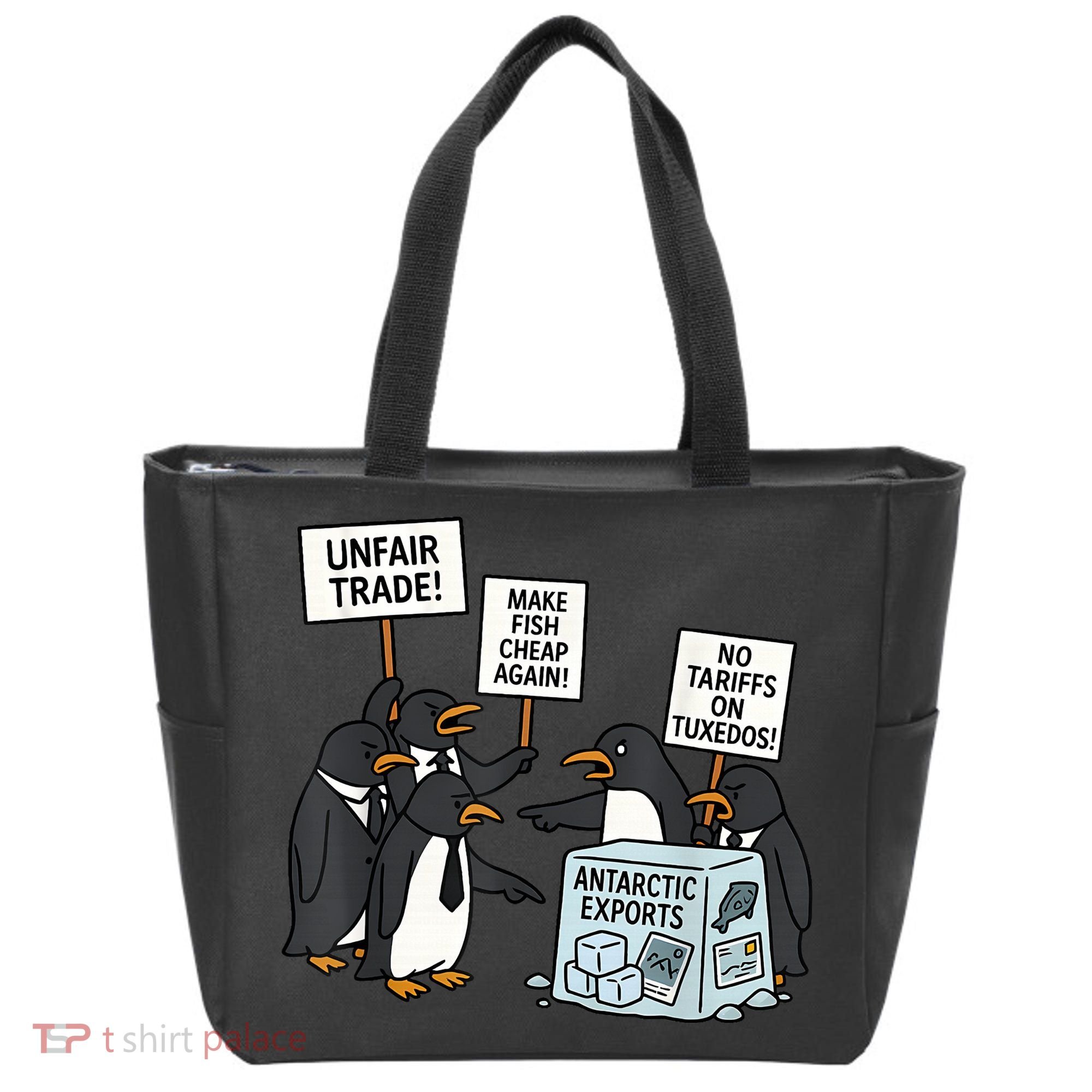 Penguins Protest Against Tariffs Funny Penguin Tariff Tote Bag