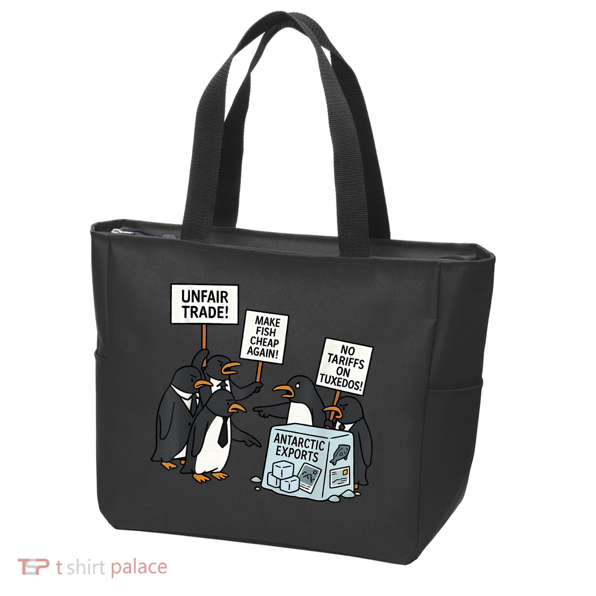 Penguins Protest Against Tariffs Funny Penguin Tariff Tote Bag