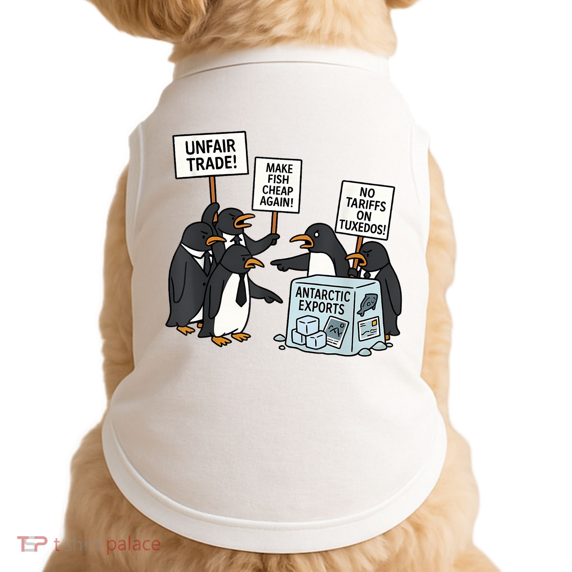 Penguins Protest Against Tariffs Funny Penguin Tariff Doggie Tank