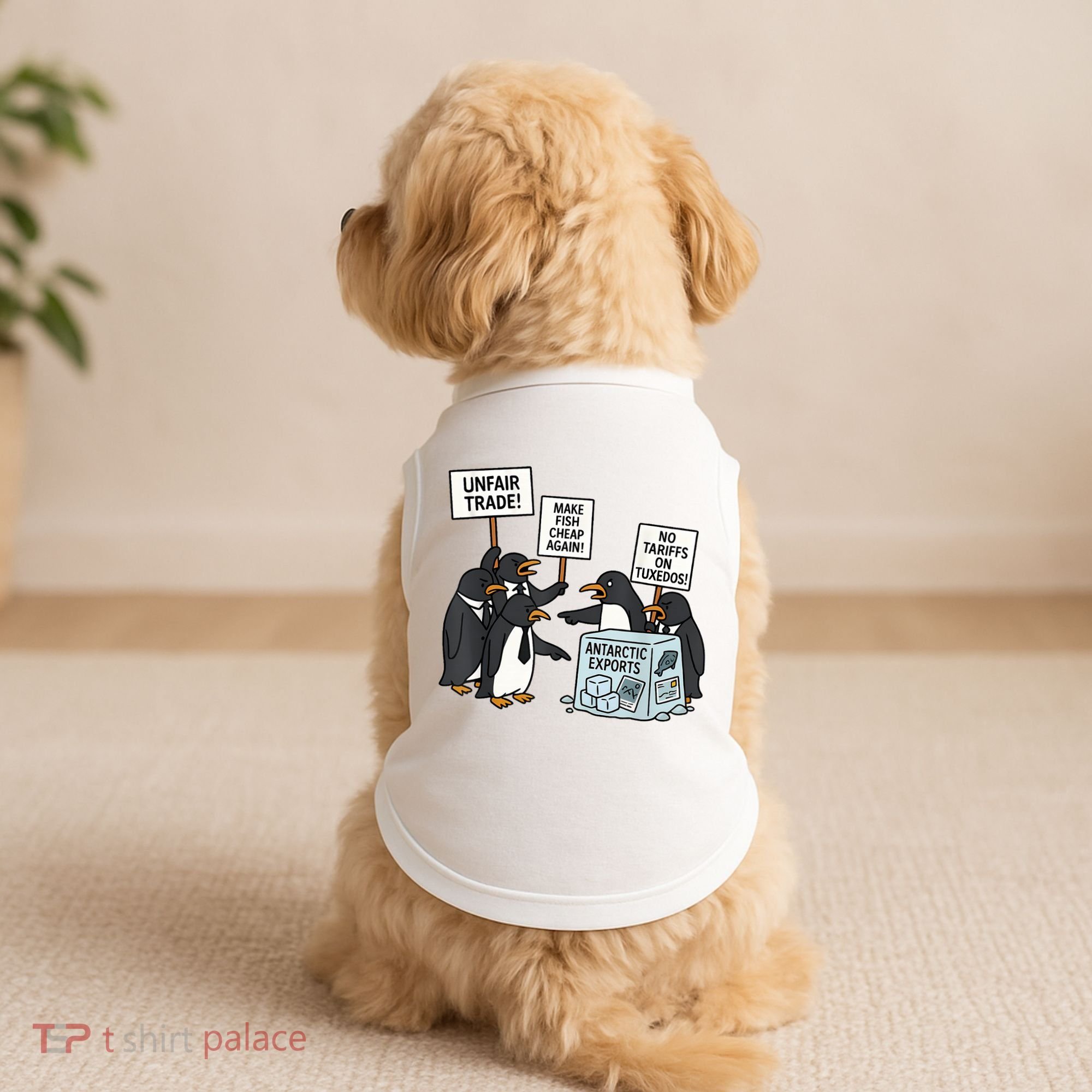 Penguins Protest Against Tariffs Funny Penguin Tariff Doggie Tank