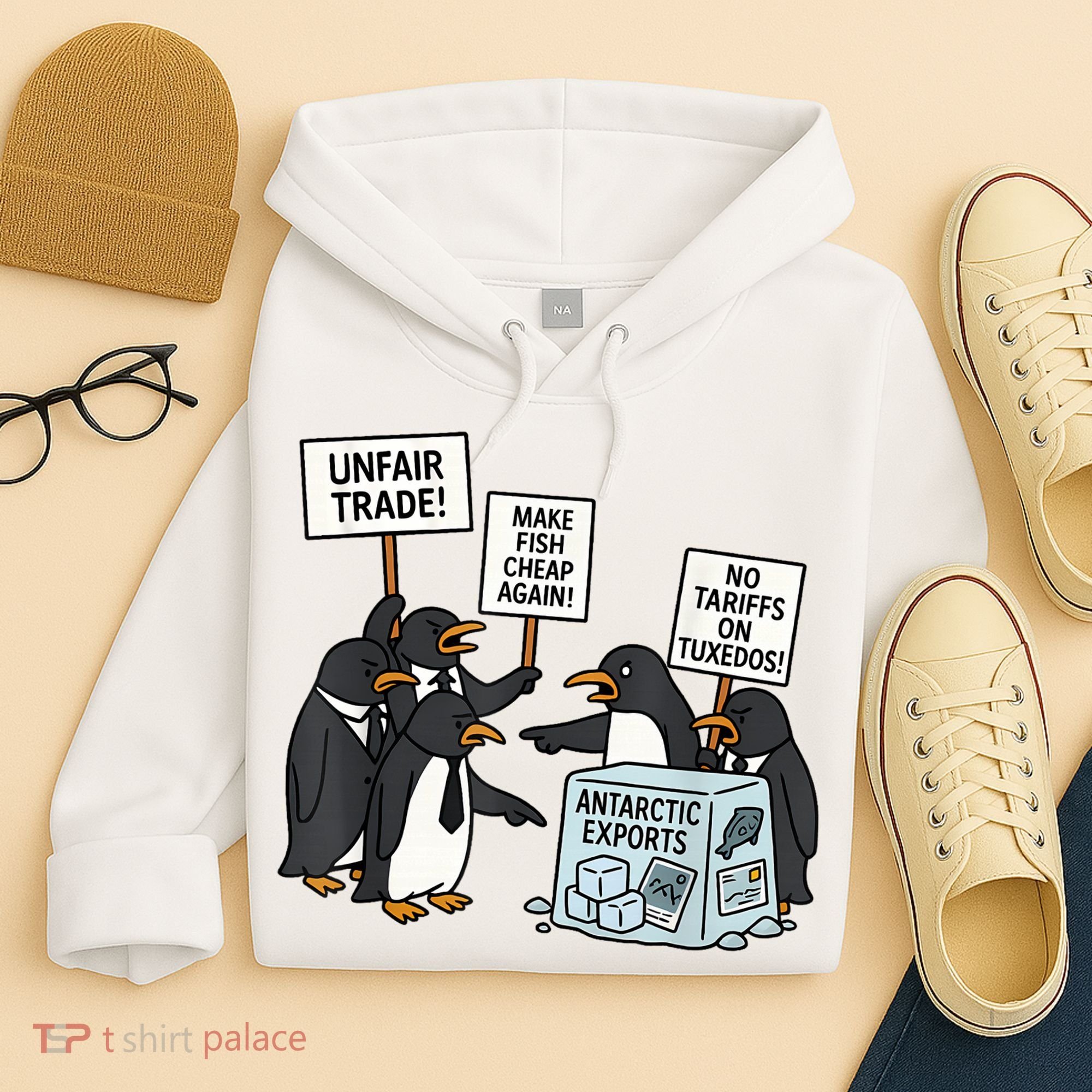 Penguins Protest Against Tariffs Funny Penguin Tariff Hoodie