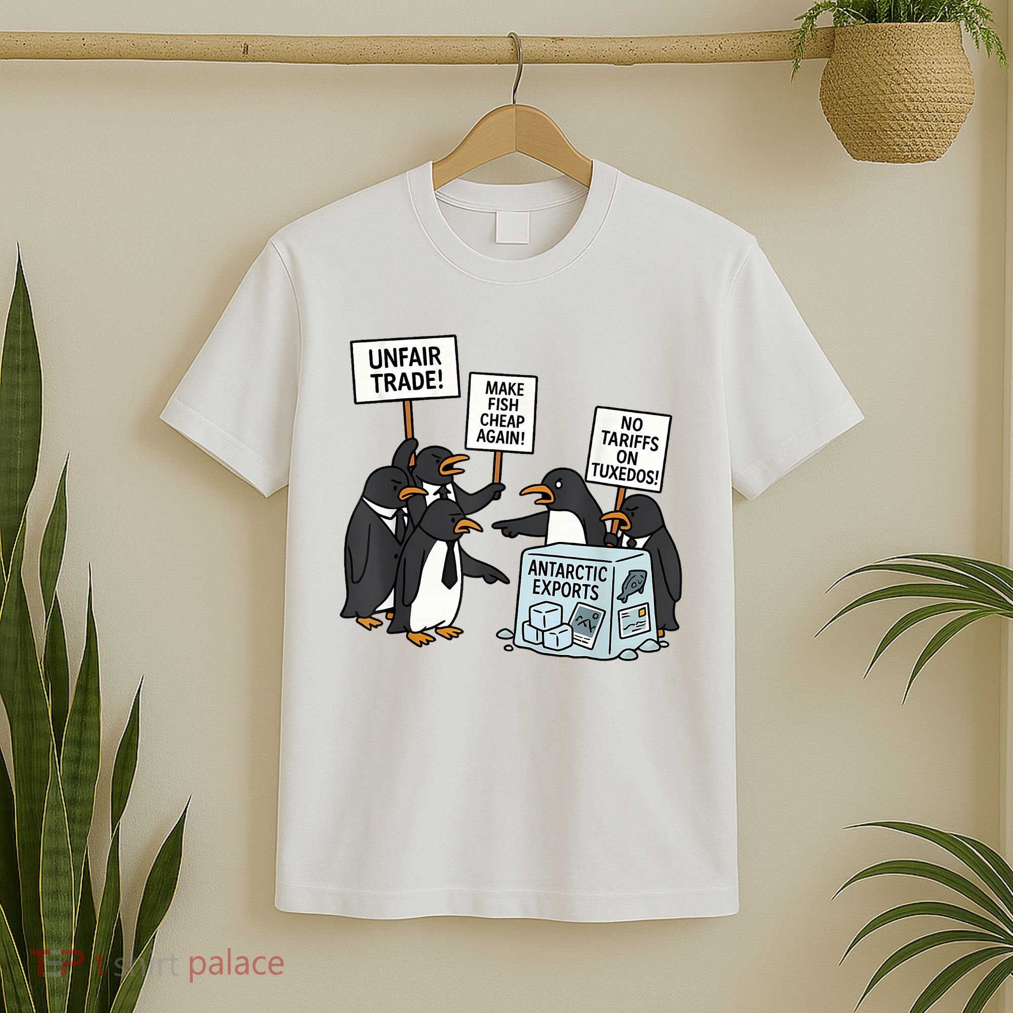 Penguins Protest Against Tariffs Funny Penguin Tariff T-Shirt