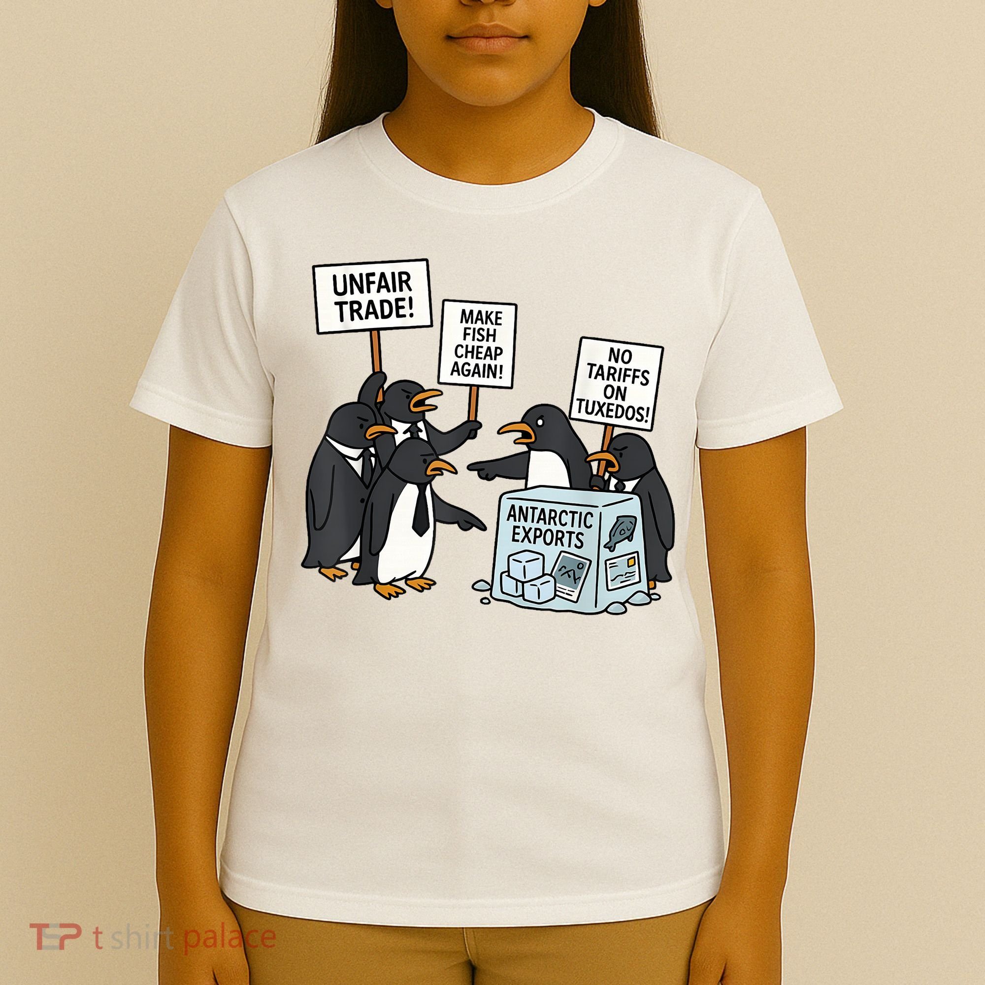 Penguins Protest Against Tariffs Funny Penguin Tariff T-Shirt