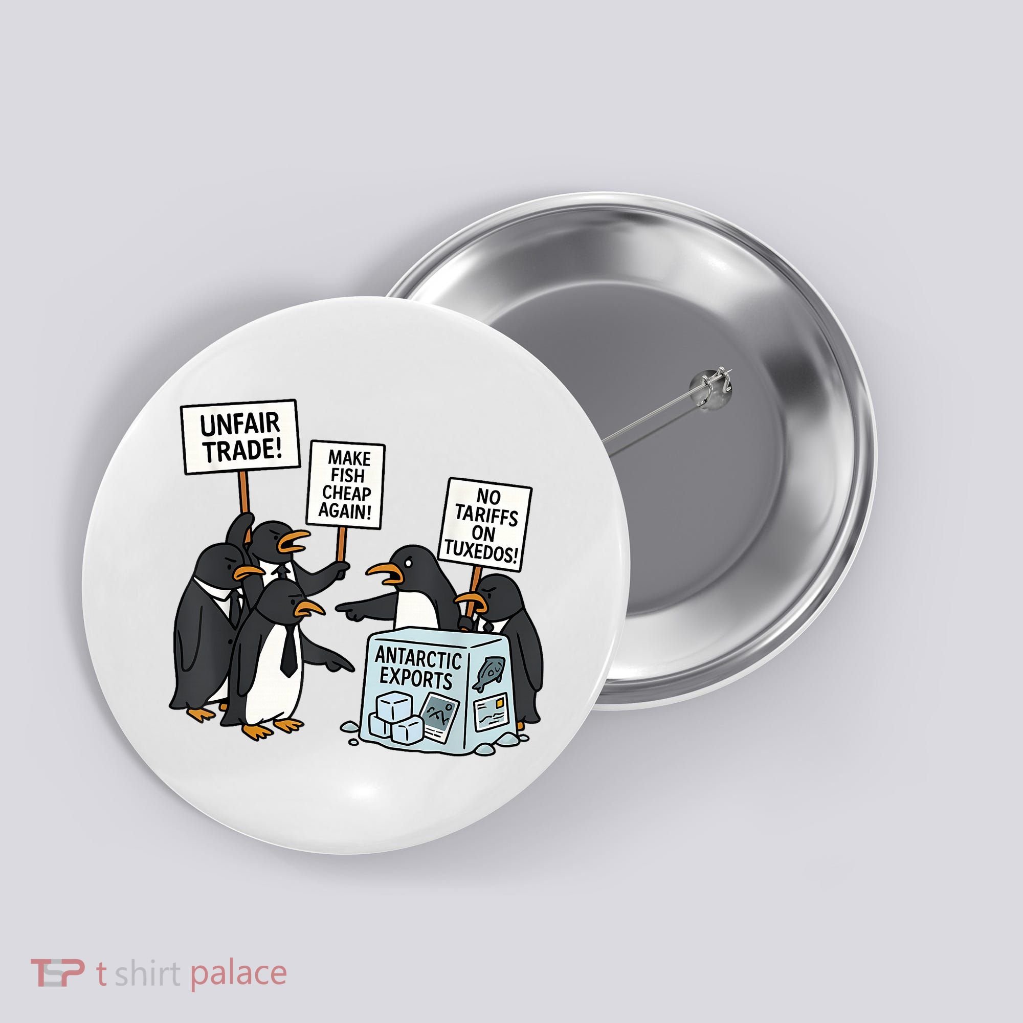 Penguins Protest Against Tariffs Funny Penguin Tariff Button