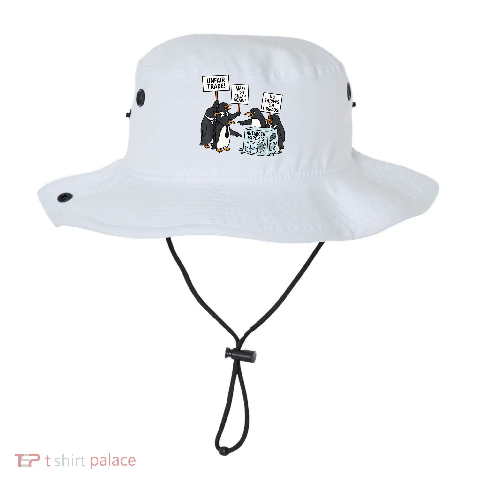 Penguins Protest Against Tariffs Funny Penguin Tariff Bucket Hat