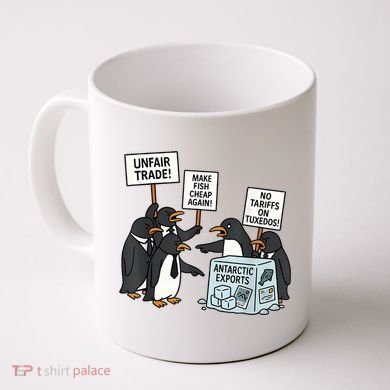 Penguins Protest Against Tariffs Funny Penguin Tariff Coffee Mug