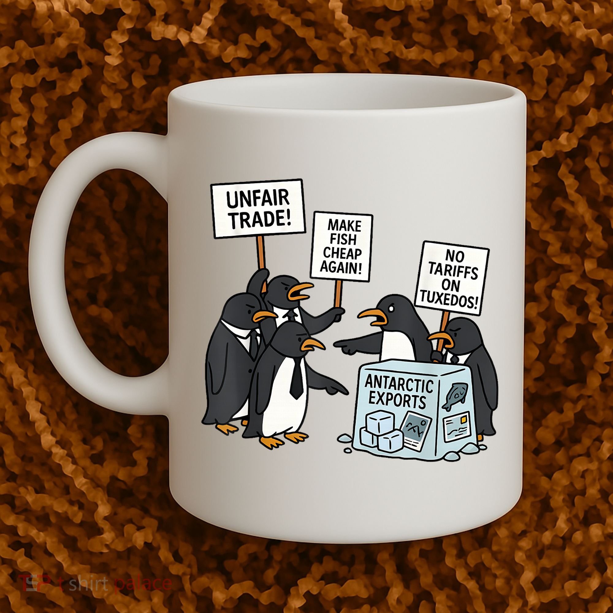 Penguins Protest Against Tariffs Funny Penguin Tariff Coffee Mug