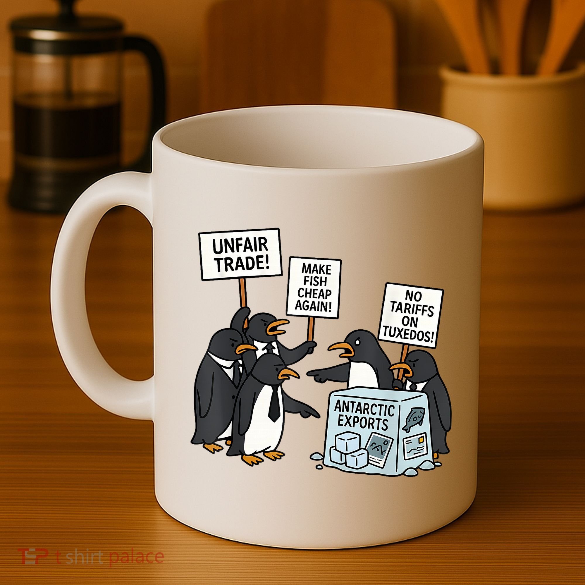 Penguins Protest Against Tariffs Funny Penguin Tariff Coffee Mug