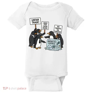 Penguins Protest Against Tariffs Funny Penguin Tariff Baby Bodysuit