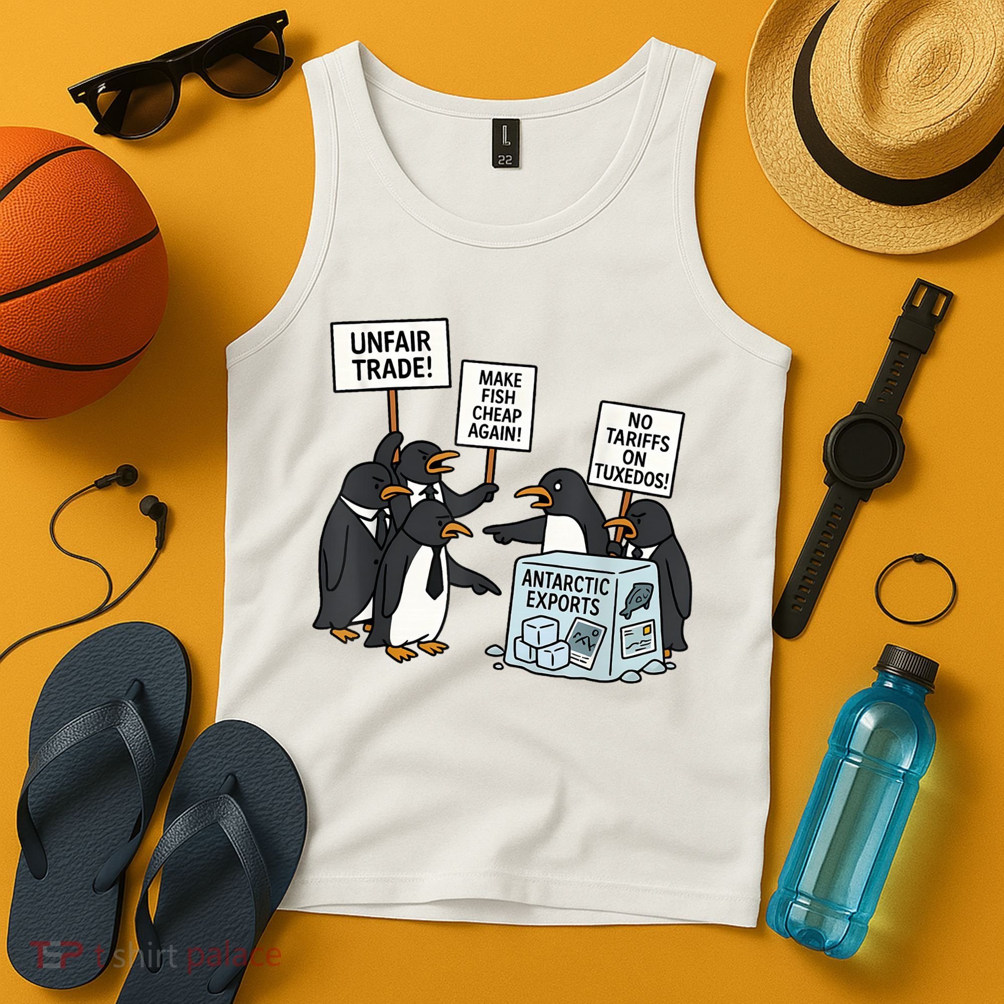 Penguins Protest Against Tariffs Funny Penguin Tariff Tank Top