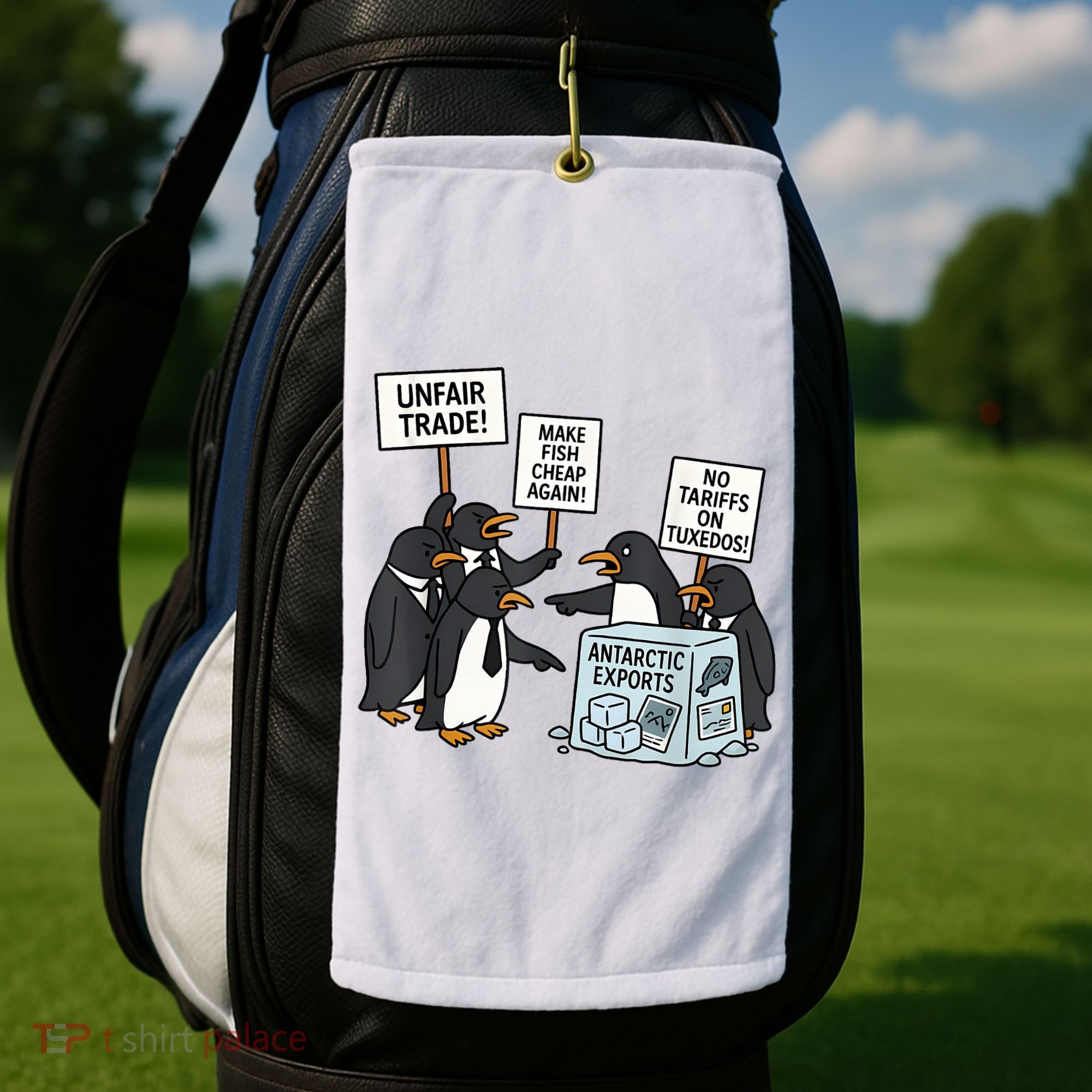Penguins Protest Against Tariffs Funny Penguin Tariff Golf Towel