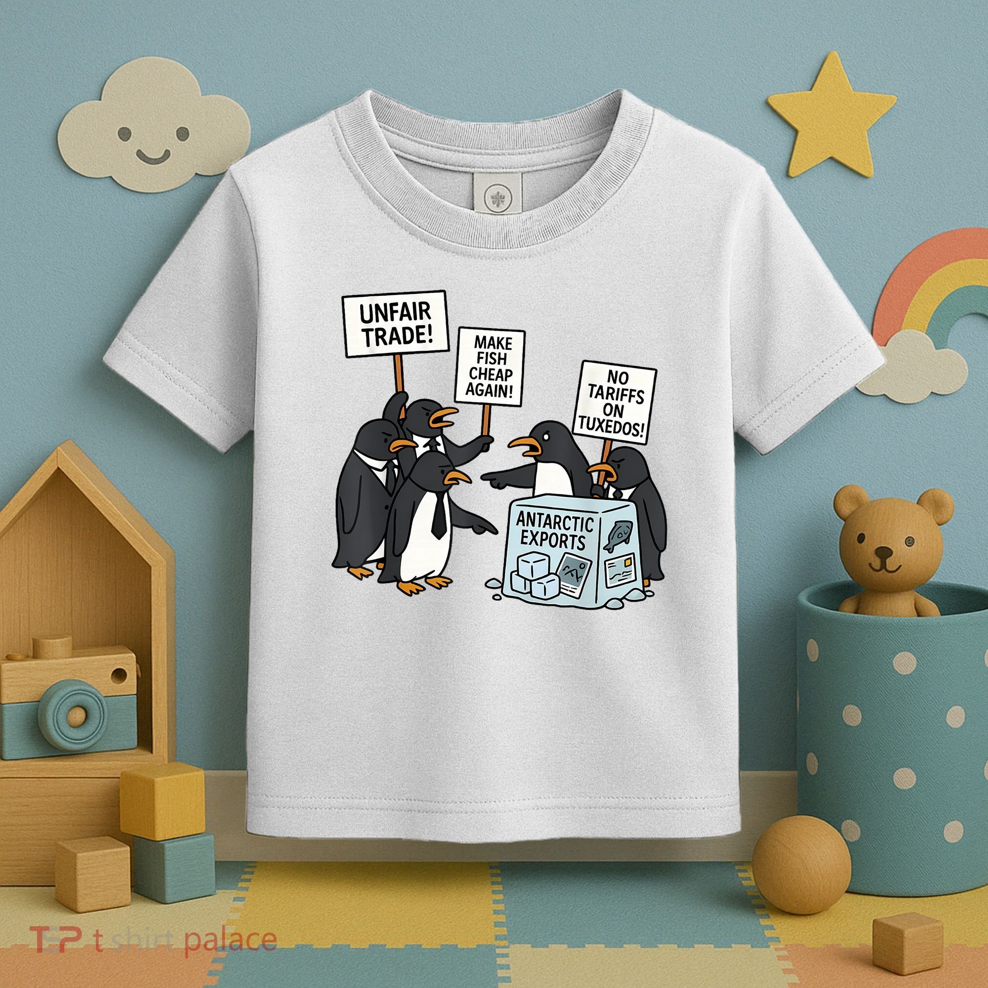 Penguins Protest Against Tariffs Funny Penguin Tariff Toddler T-Shirt