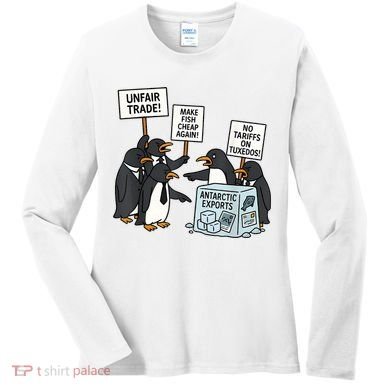 Penguins Protest Against Tariffs Funny Penguin Tariff Women's Long Sleeve Shirt
