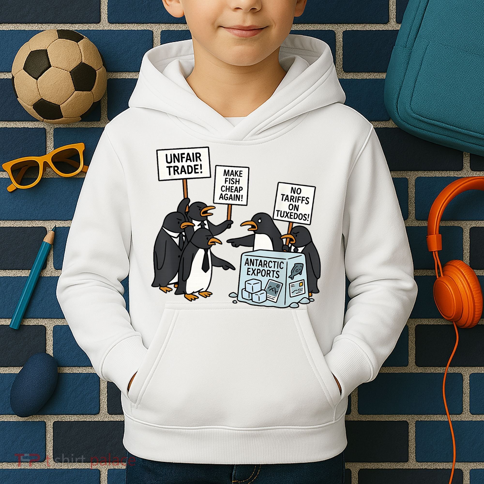 Penguins Protest Against Tariffs Funny Penguin Tariff Kids Hoodie