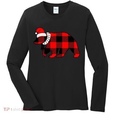 Plaid Polar Bear Christmas Holiday Women's Long Sleeve Shirt
