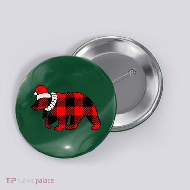Plaid Polar Bear Christmas Holiday Button