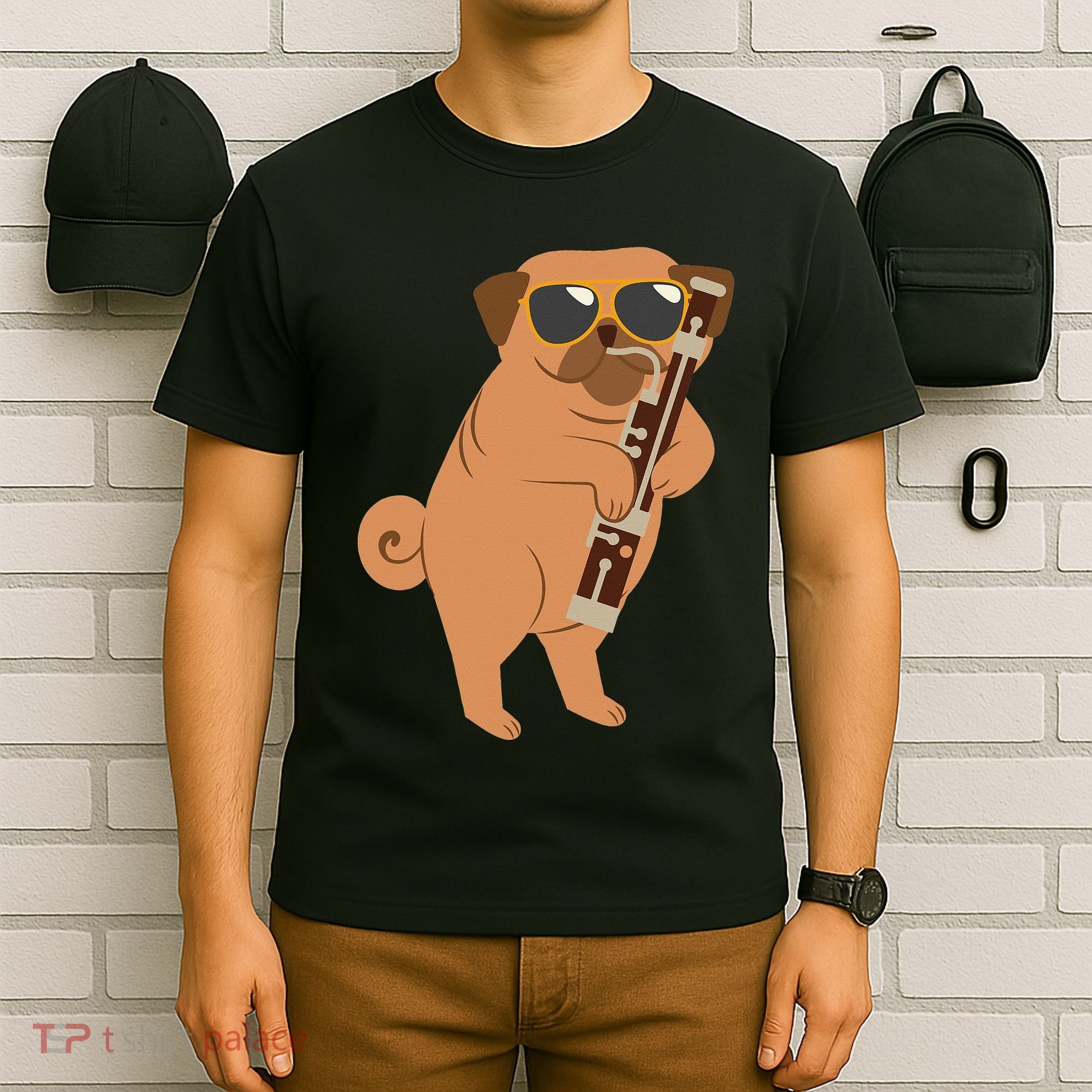 Pug Playing Bassoon Player Dog Bassoonist Musician T-Shirt
