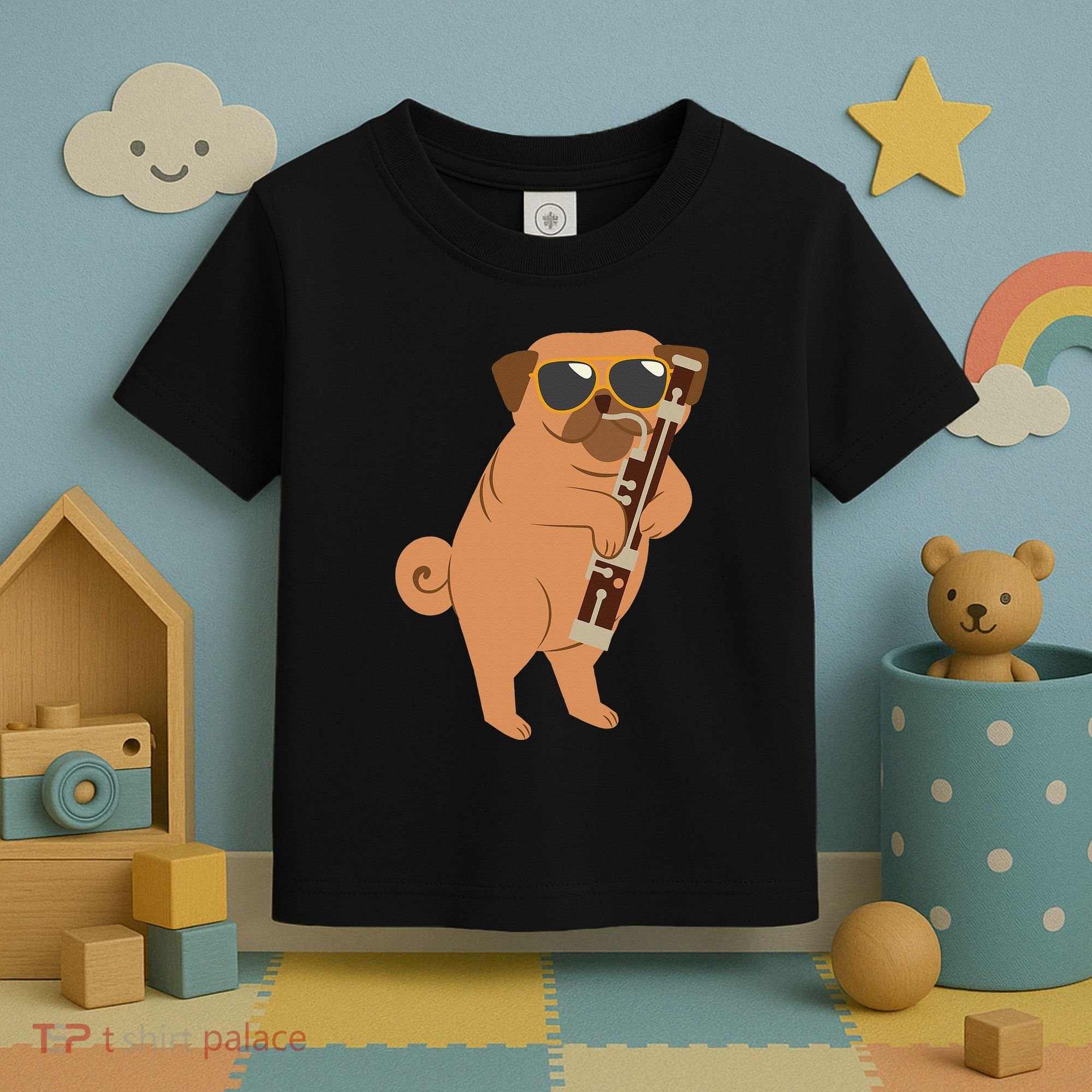 Pug Playing Bassoon Player Dog Bassoonist Musician Toddler T-Shirt