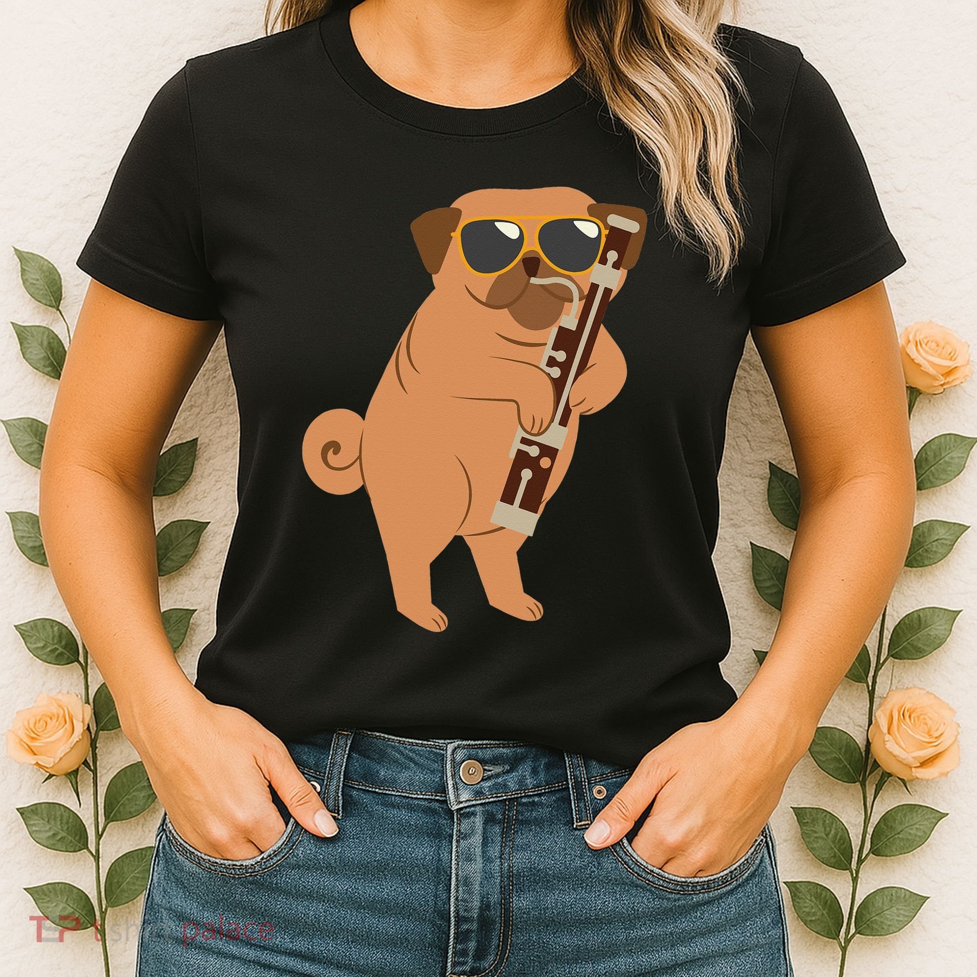 Pug Playing Bassoon Player Dog Bassoonist Musician Women's T-Shirt