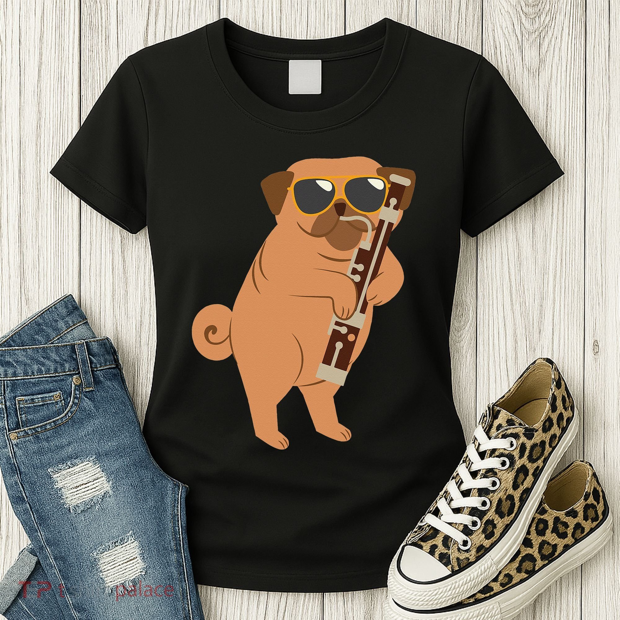 Pug Playing Bassoon Player Dog Bassoonist Musician Women's T-Shirt