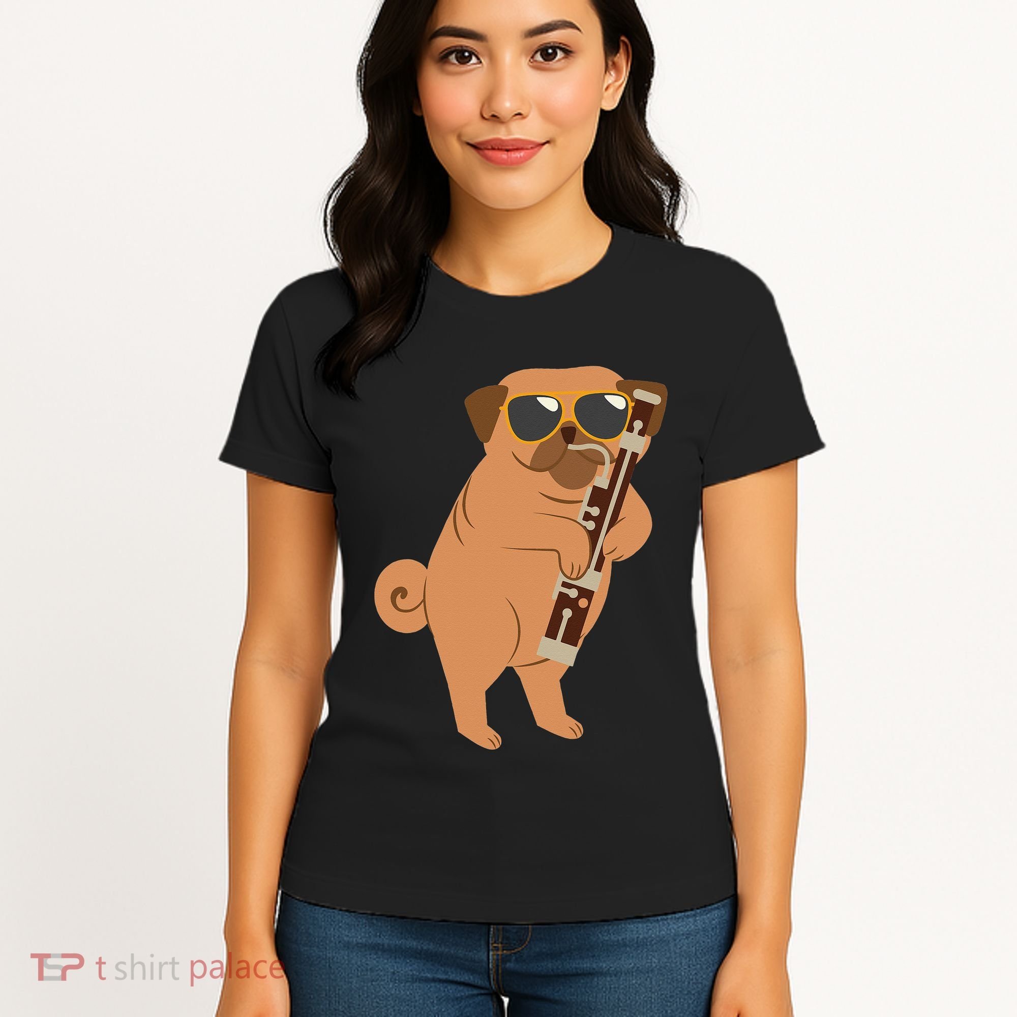 Pug Playing Bassoon Player Dog Bassoonist Musician Women's T-Shirt