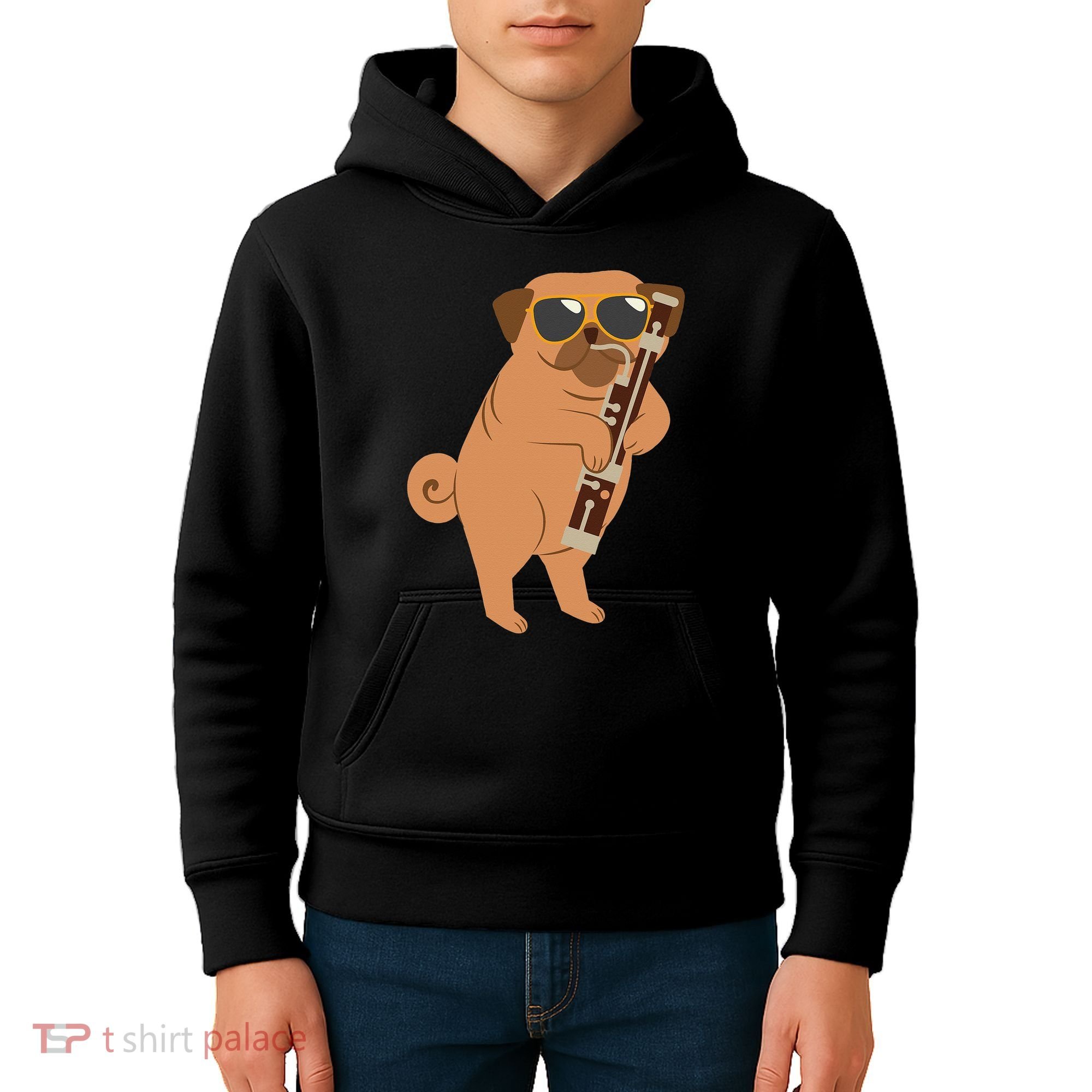 Pug Playing Bassoon Player Dog Bassoonist Musician Kids Hoodie