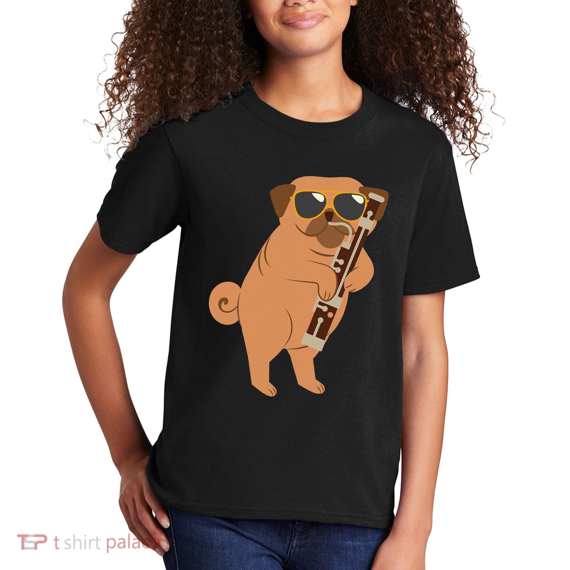 Pug Playing Bassoon Player Dog Bassoonist Musician Kids T-Shirt