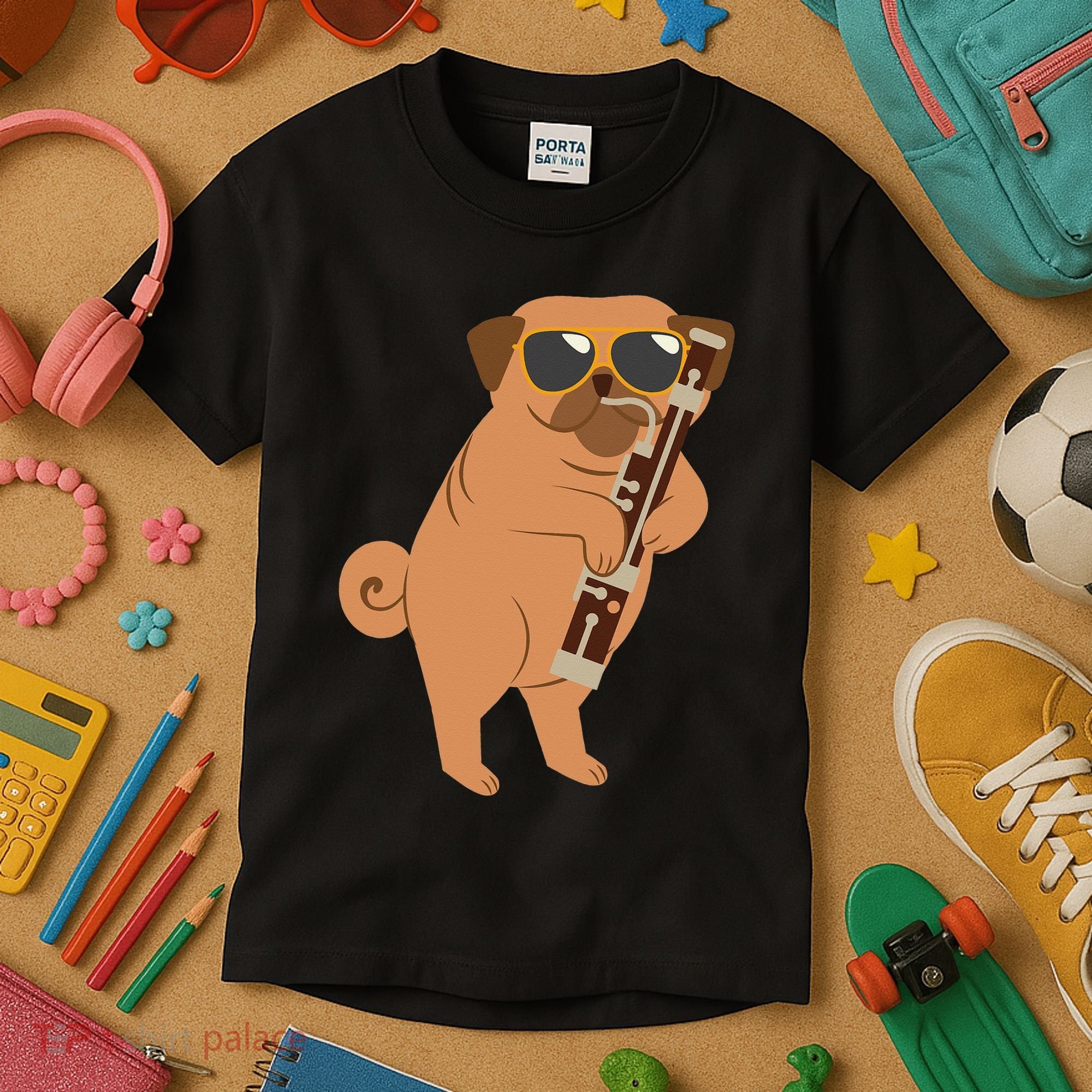 Pug Playing Bassoon Player Dog Bassoonist Musician Kids T-Shirt