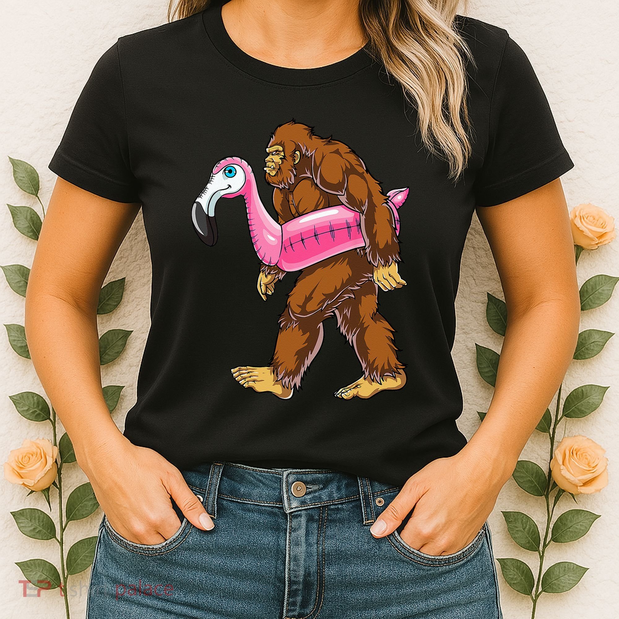Pool Party Bigfoot Flamingo Wo Sasquatch Pink Float Women's T-Shirt