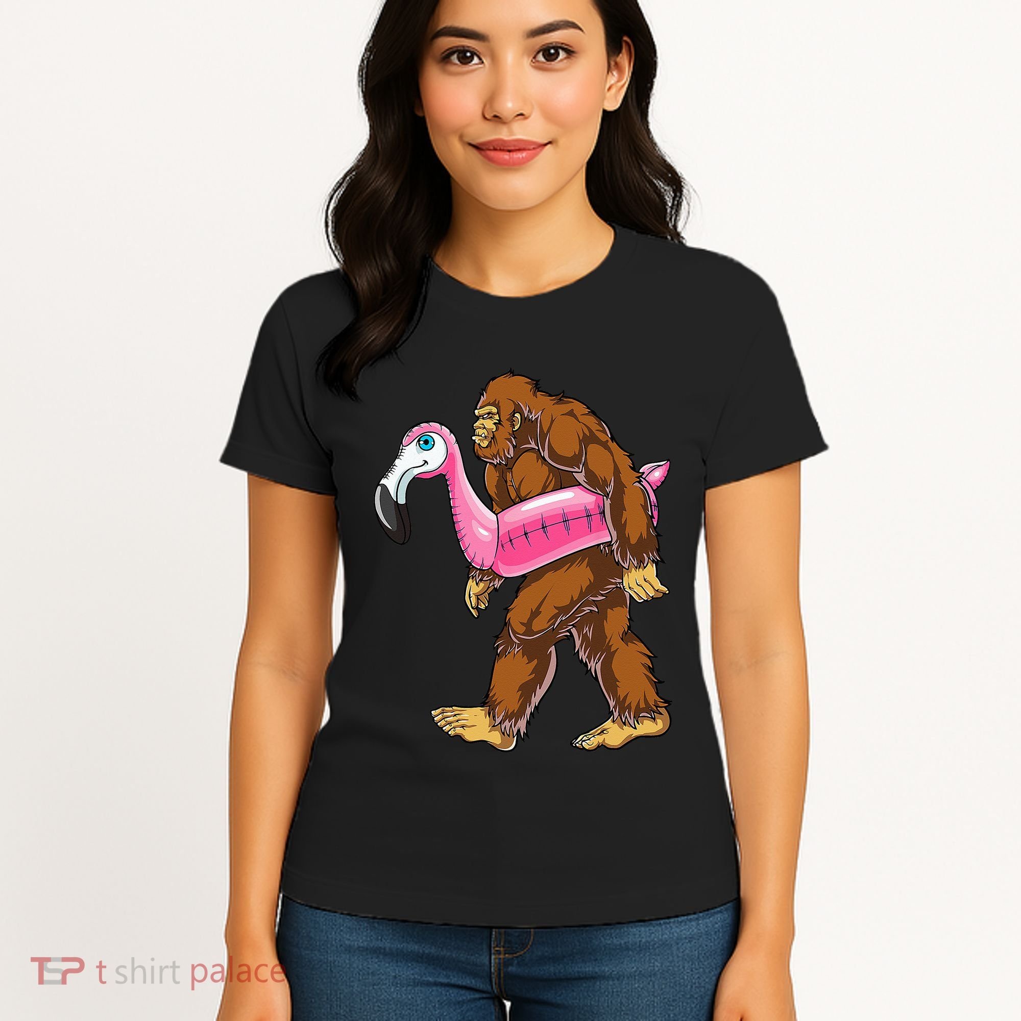 Pool Party Bigfoot Flamingo Wo Sasquatch Pink Float Women's T-Shirt
